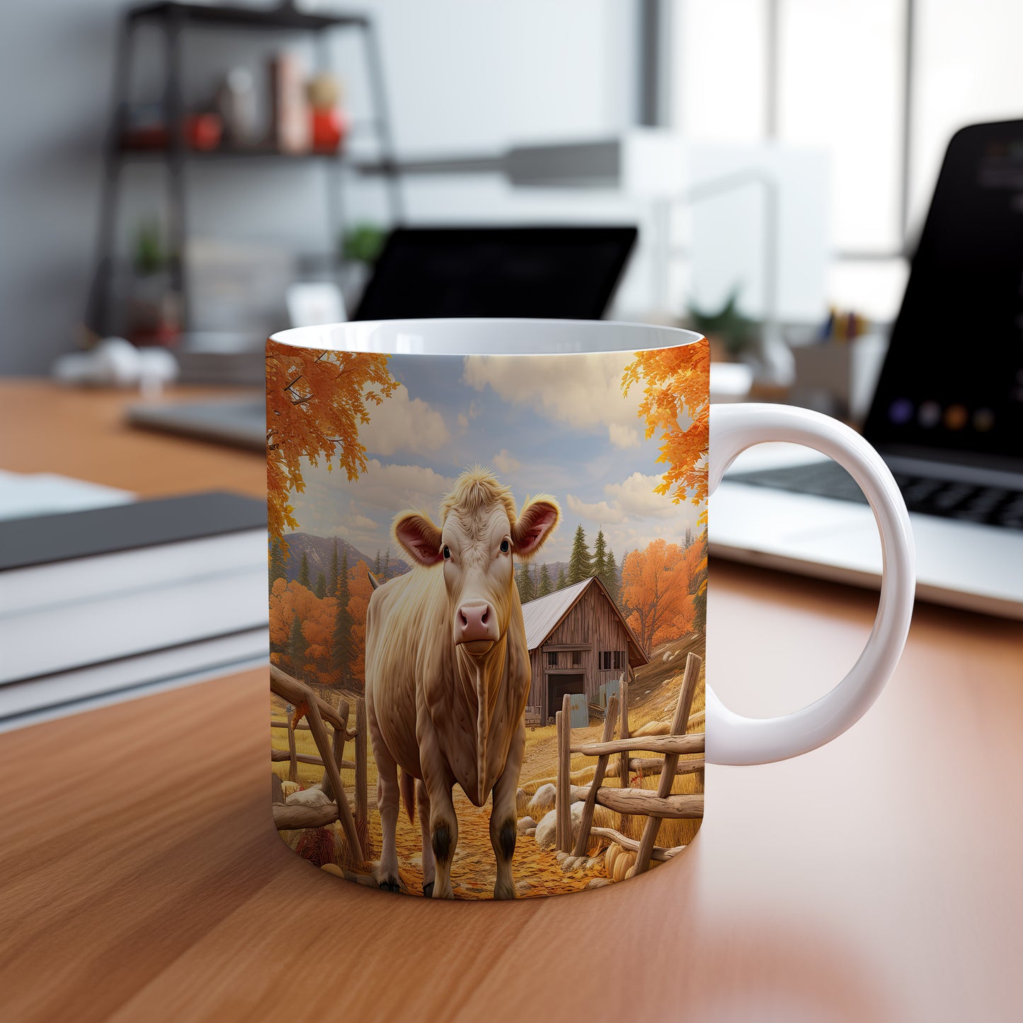 Hrnek s krávou na farmě