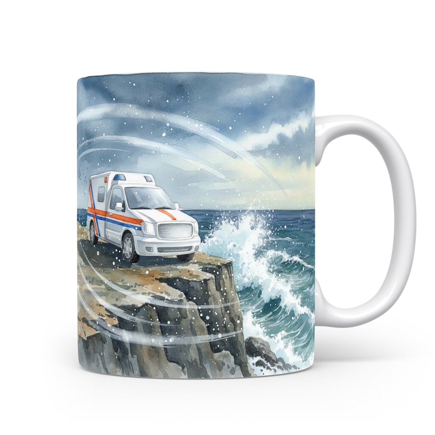 Hrnek se záchranným vozem na útesu