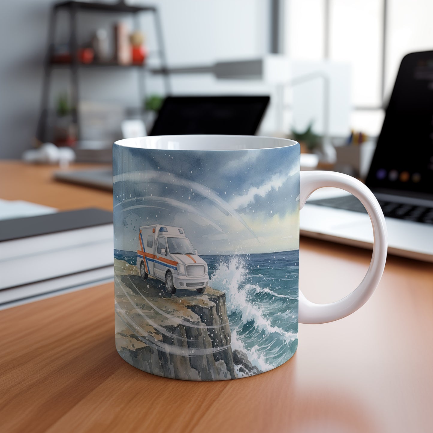 Hrnek s záchranným vozem na útesu