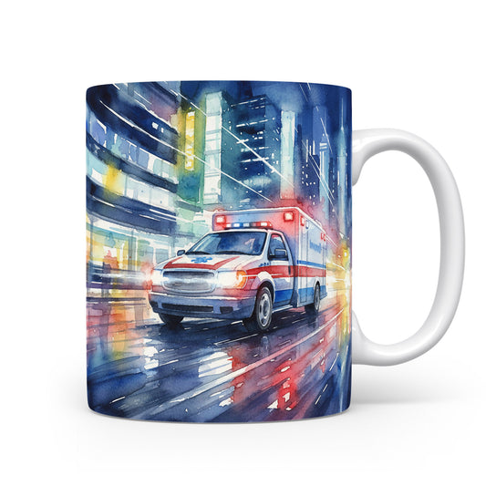 Sanitka v nočním městě na hrnku