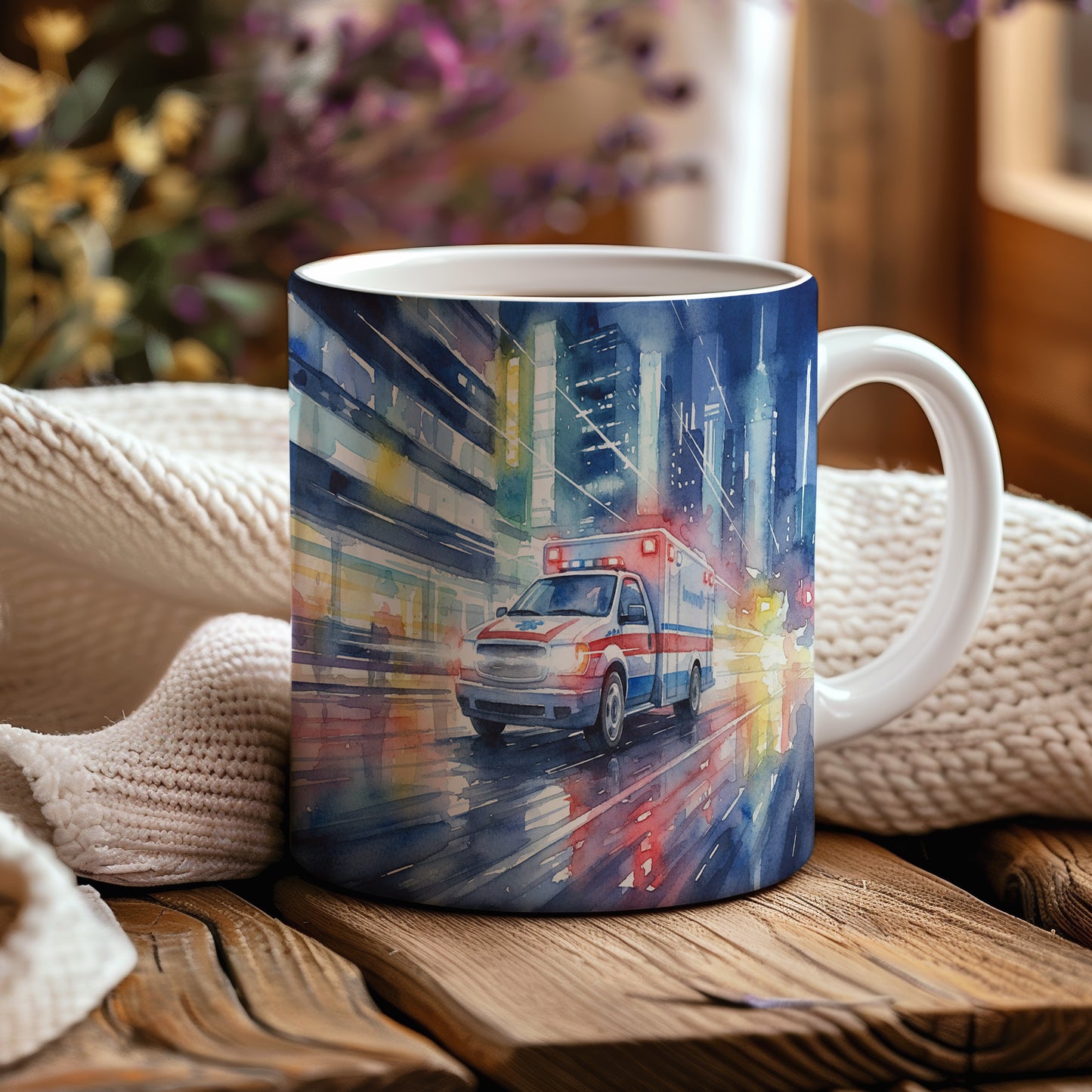 Hrnek s ambulancí v nočním městě