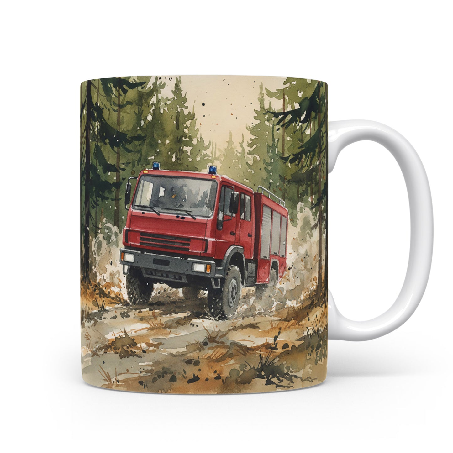 Hrnek s hasičským vozem v lese