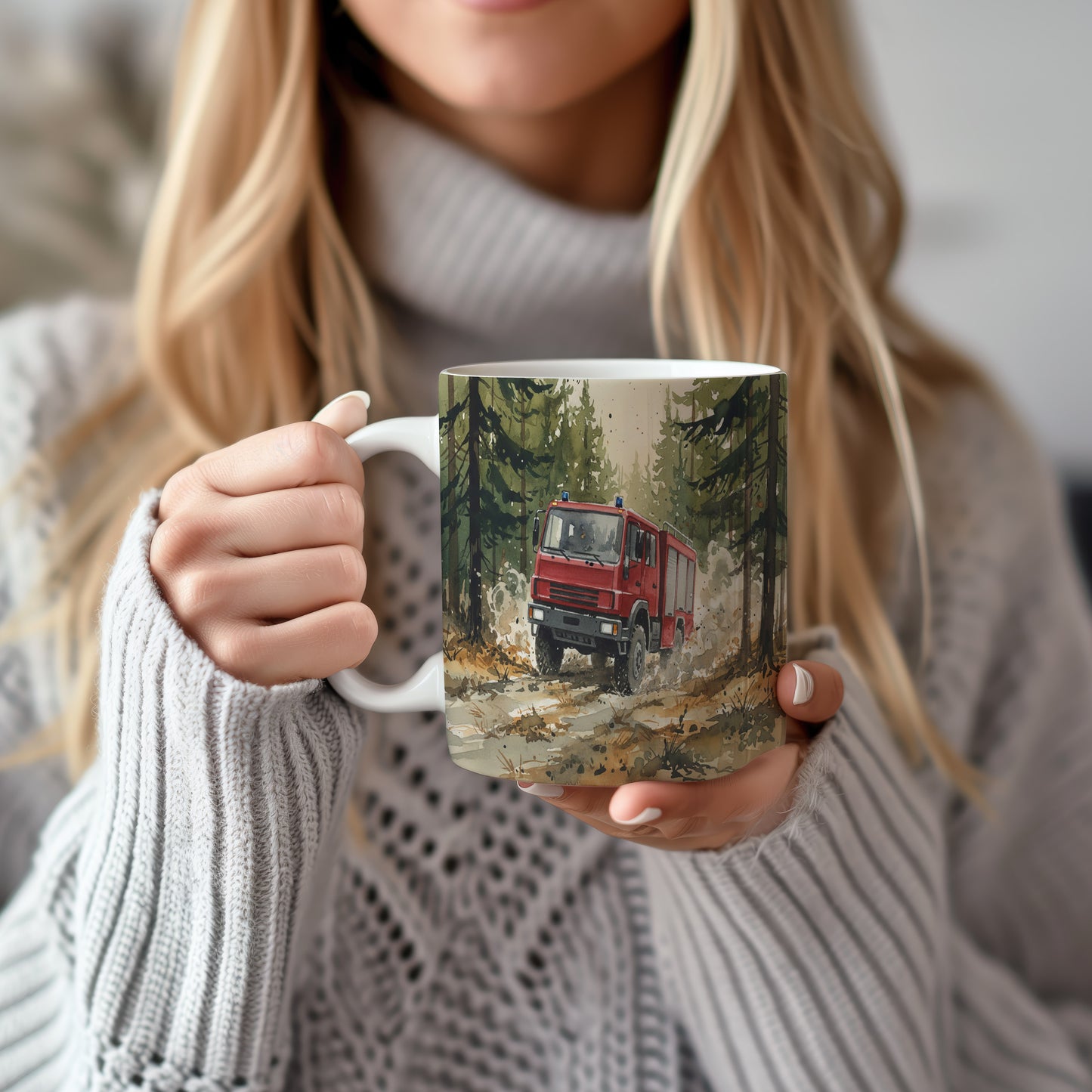 Hrnek s hasičským vozem v lese