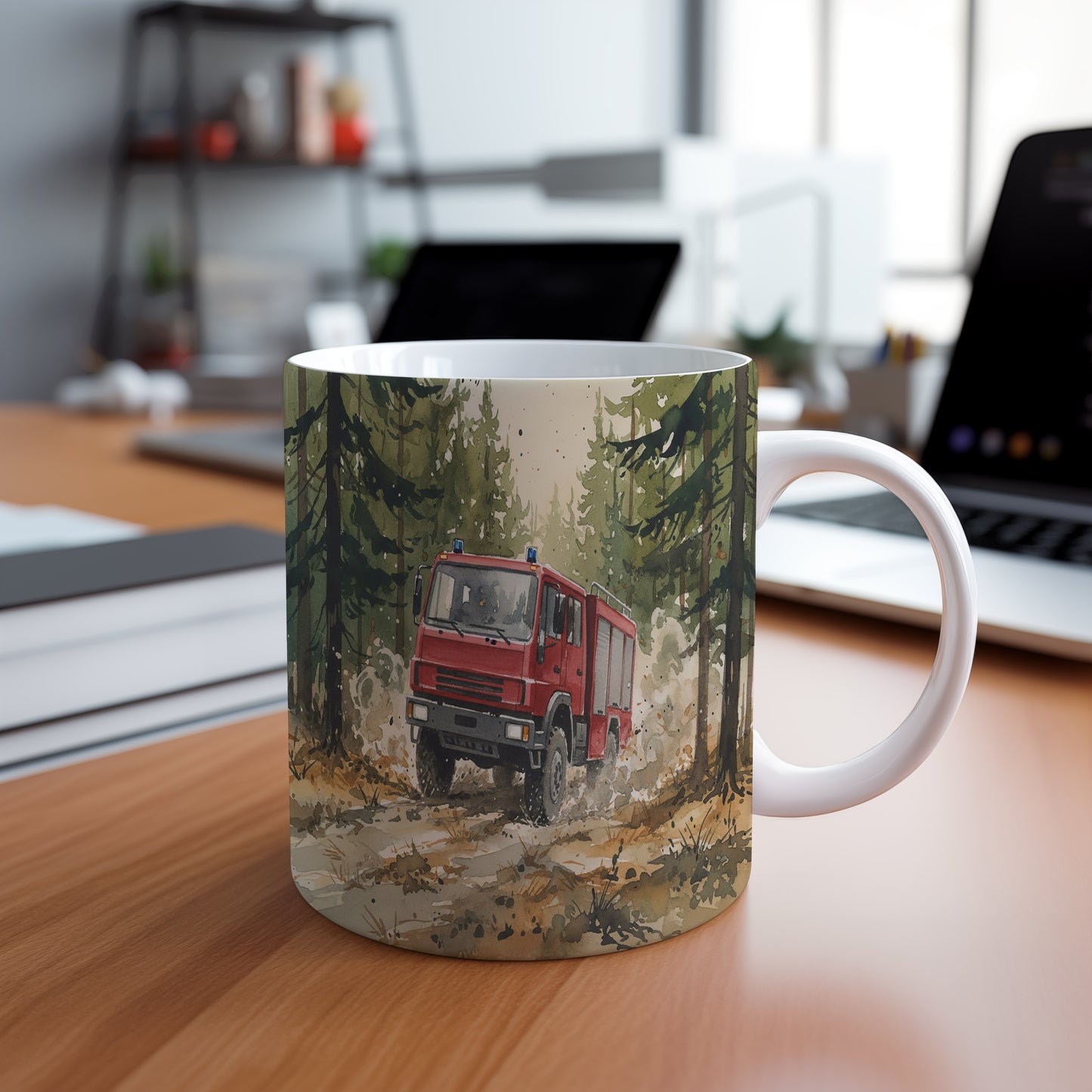 Hrnek s hasičským vozem v lese