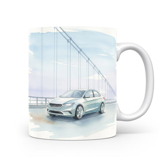 Hrnek s akvarelovým sedanem na mostě