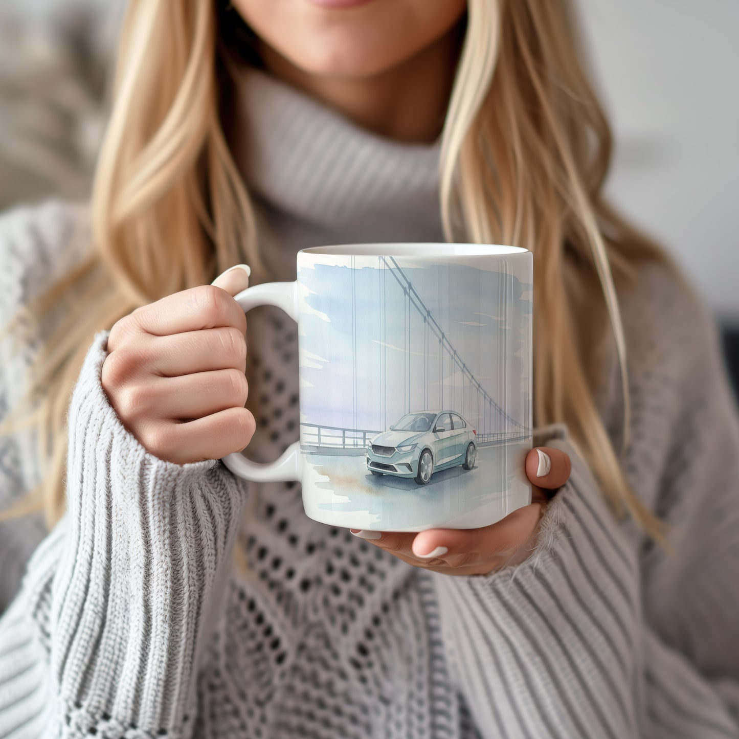 Hrnek s sedanem na mostě