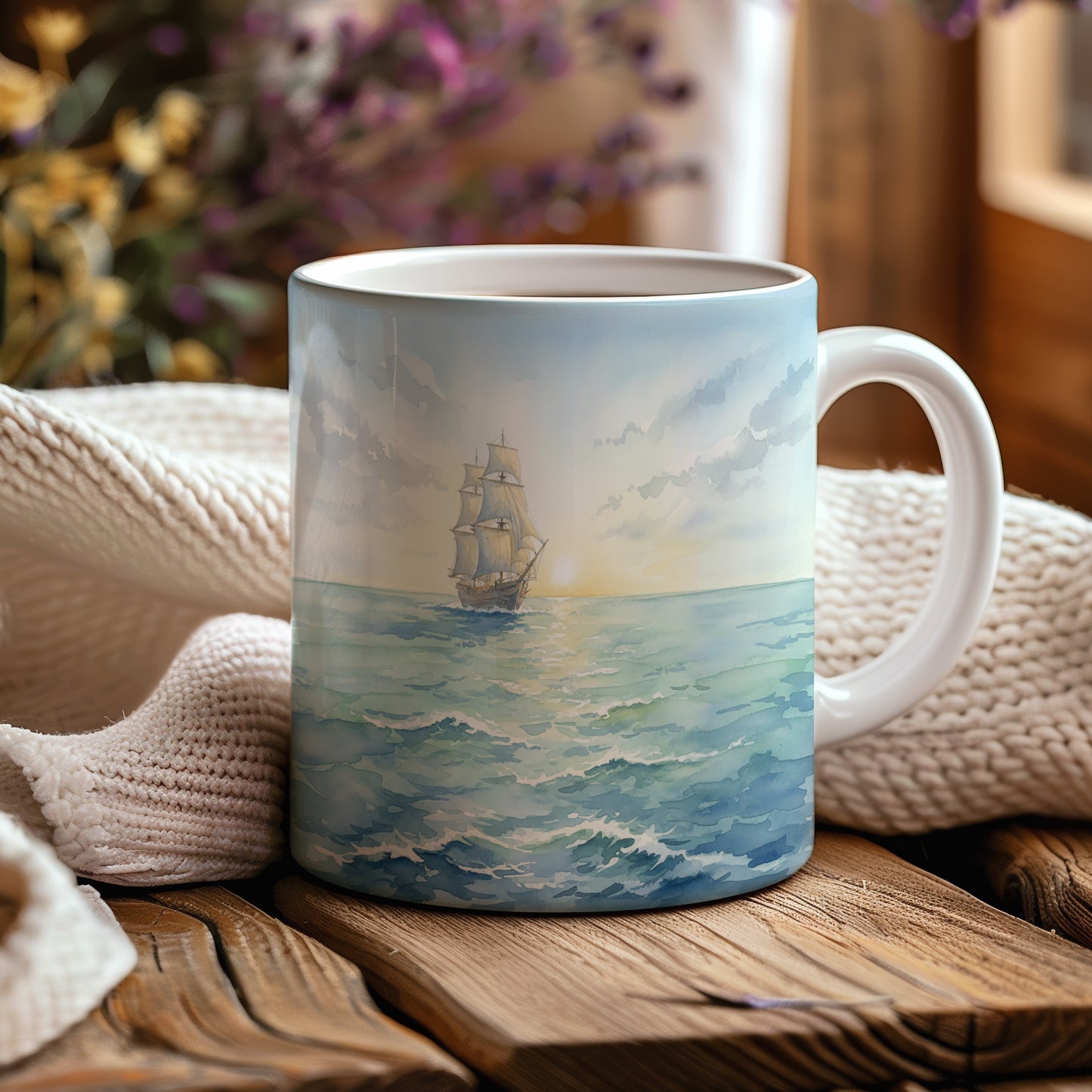 Hrnek s plachetnicí za úsvitu