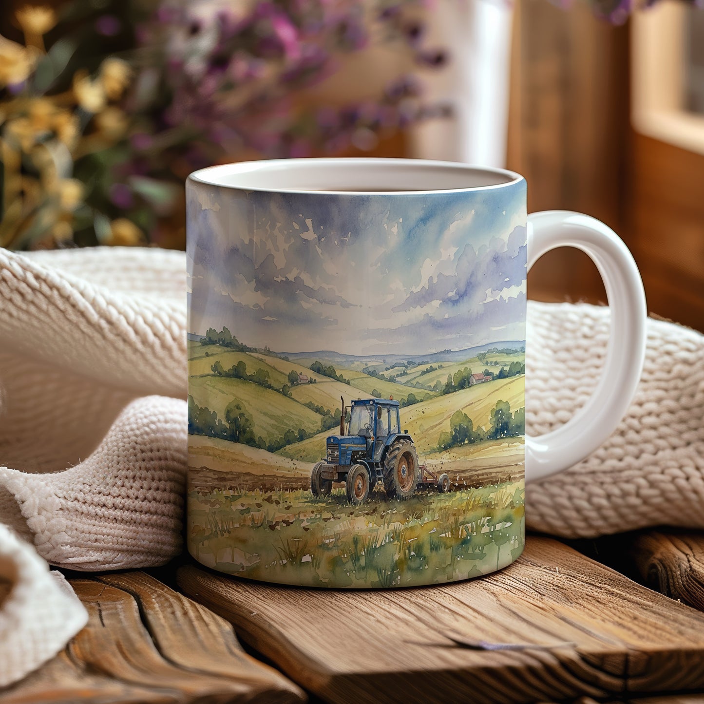 Hrnek s traktorem na venkově