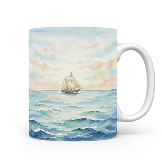 Akvarelový hrnek s plachetnicí na moři
