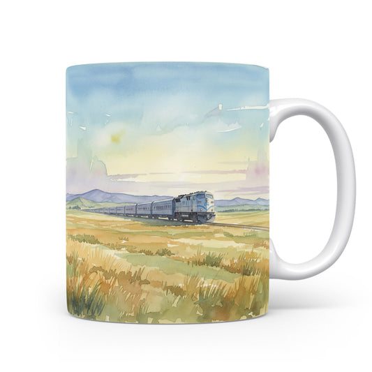 Akvarelový motiv vlaku v krajině