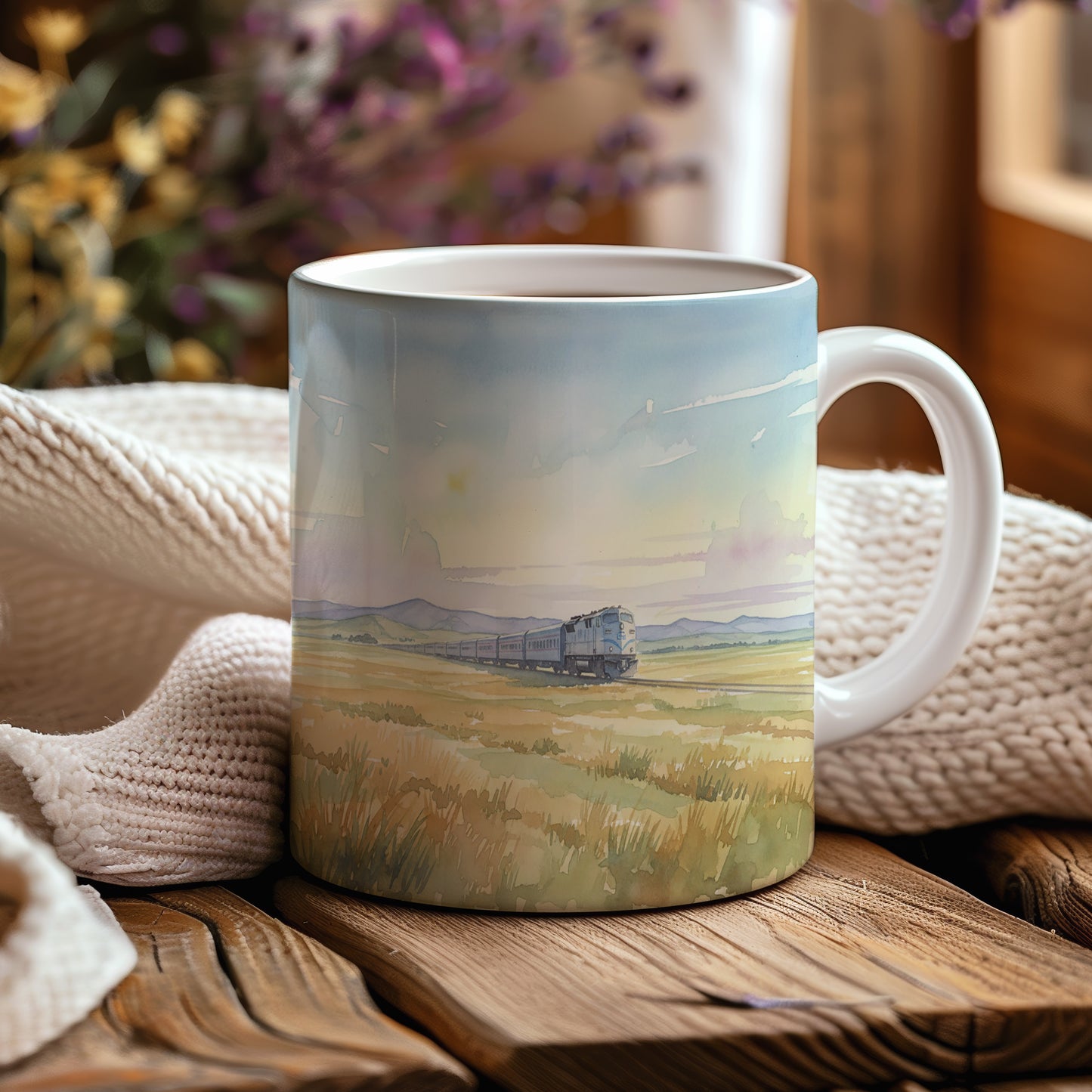 Hrnek s vlakem v otevřené krajině