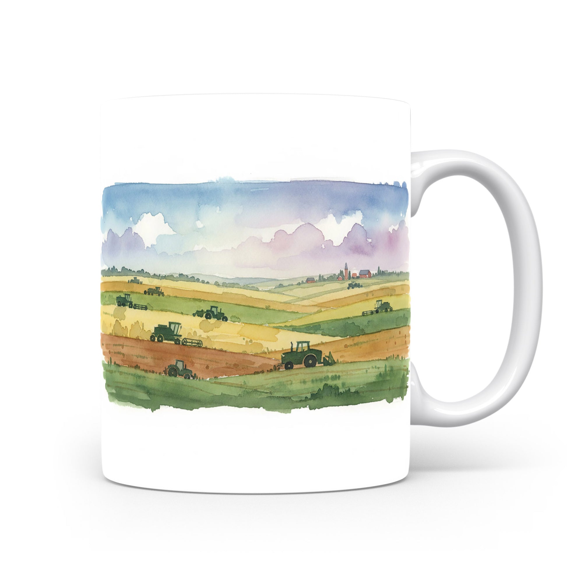 Hrnek s akvarelovým motivem traktorů na polích