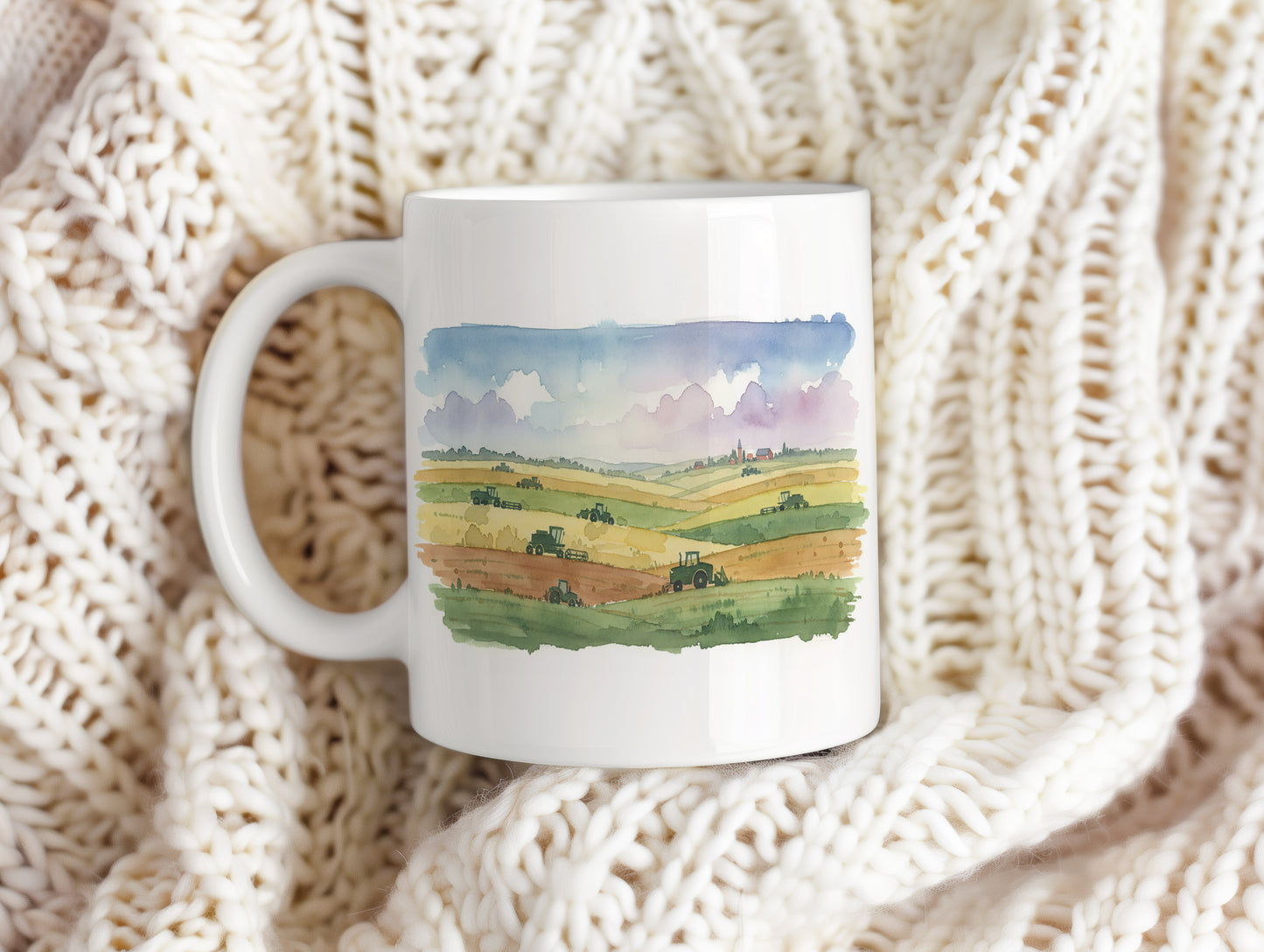 Hrnek s traktory na polích