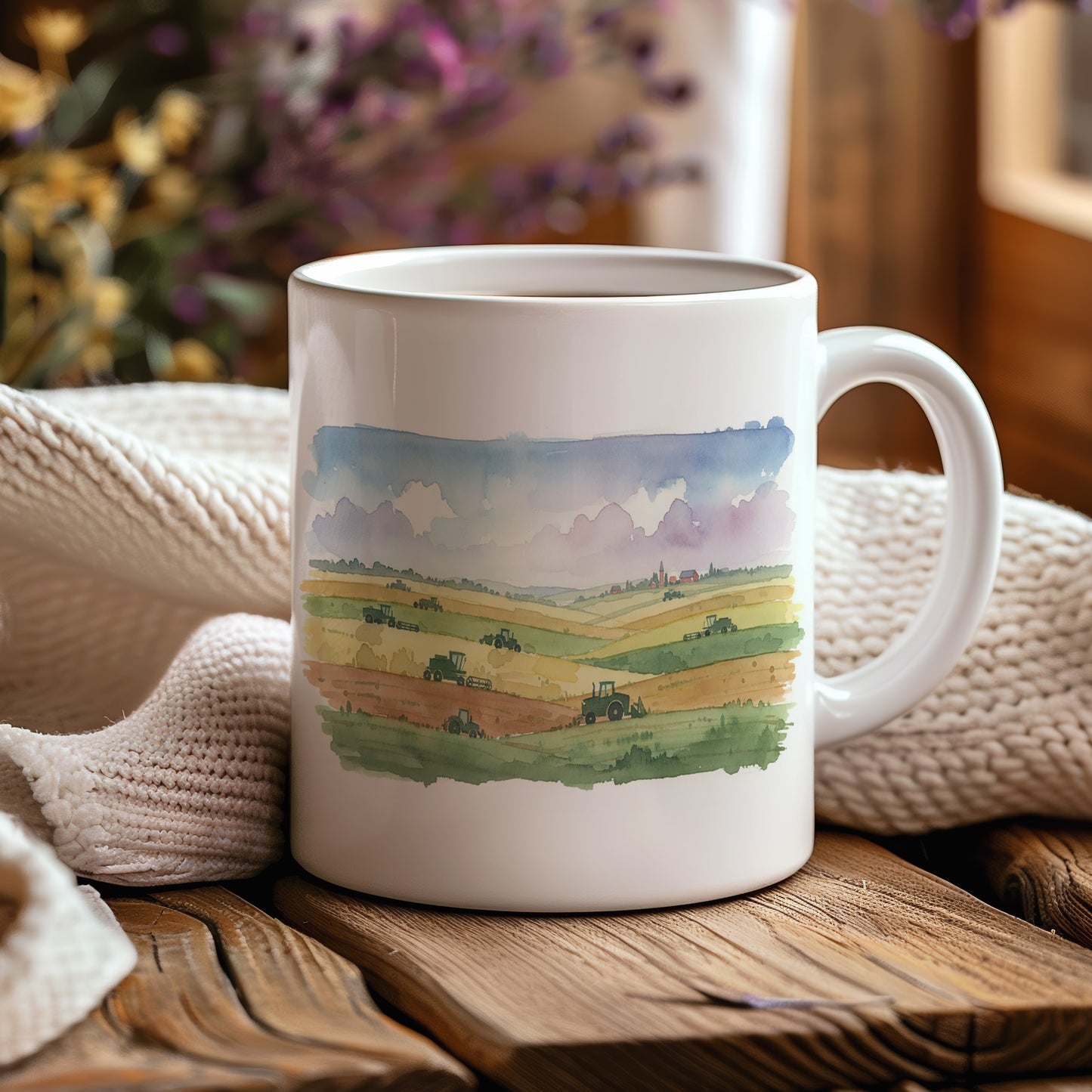 Hrnek s traktory na polích