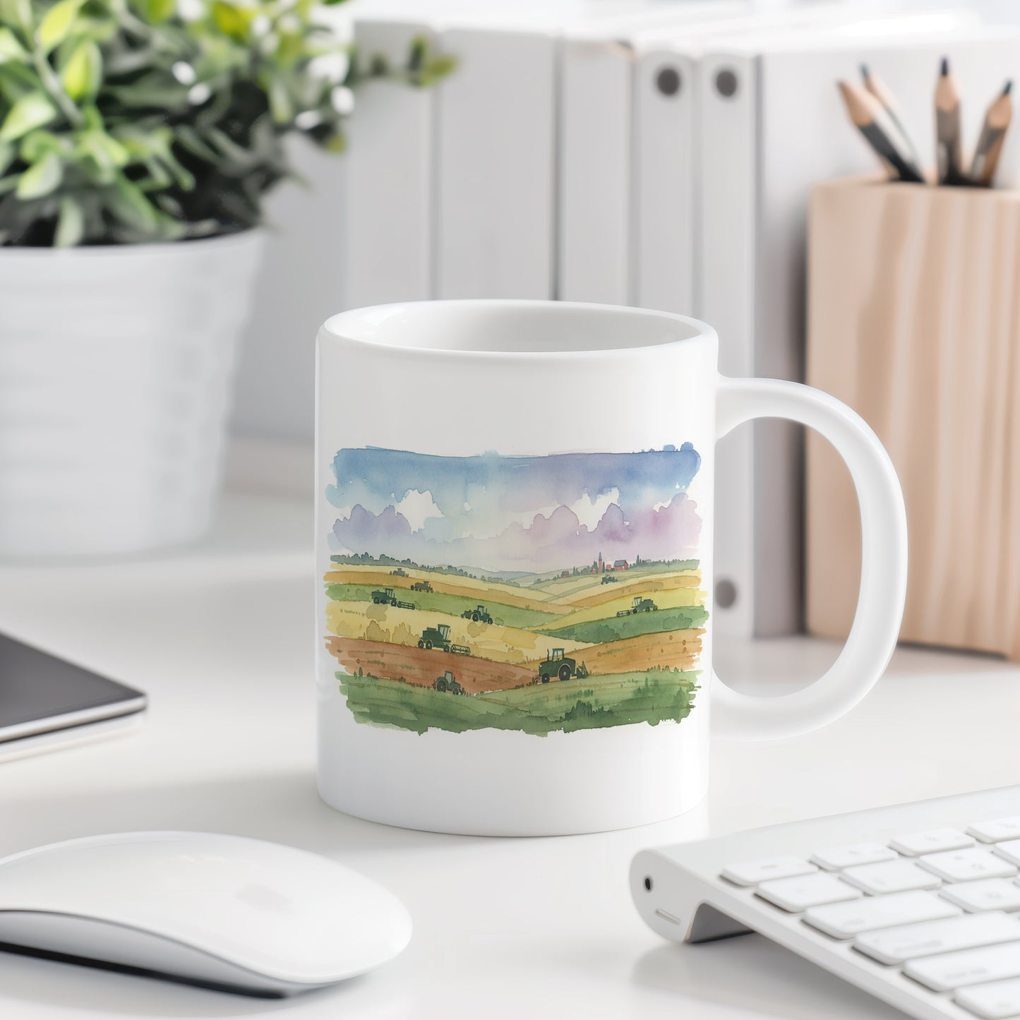 Hrnek s traktory na polích