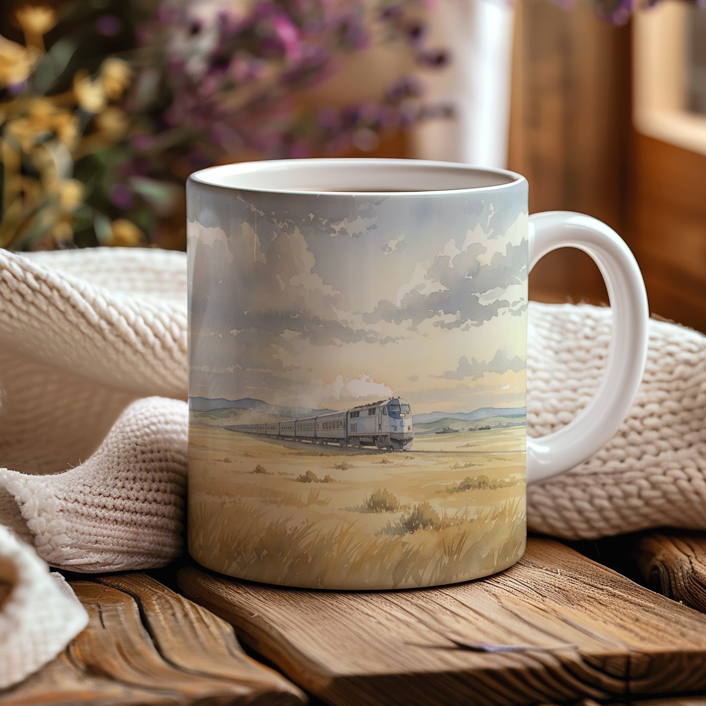 Hrnek s lokomotivou na poli