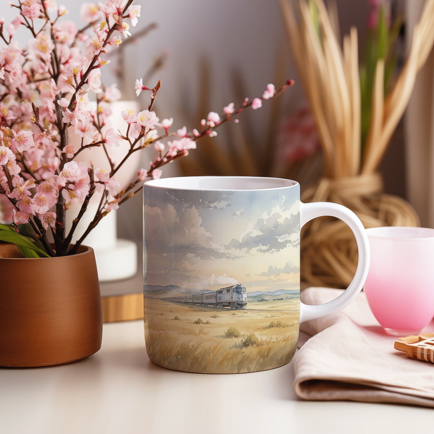 Hrnek s lokomotivou na poli