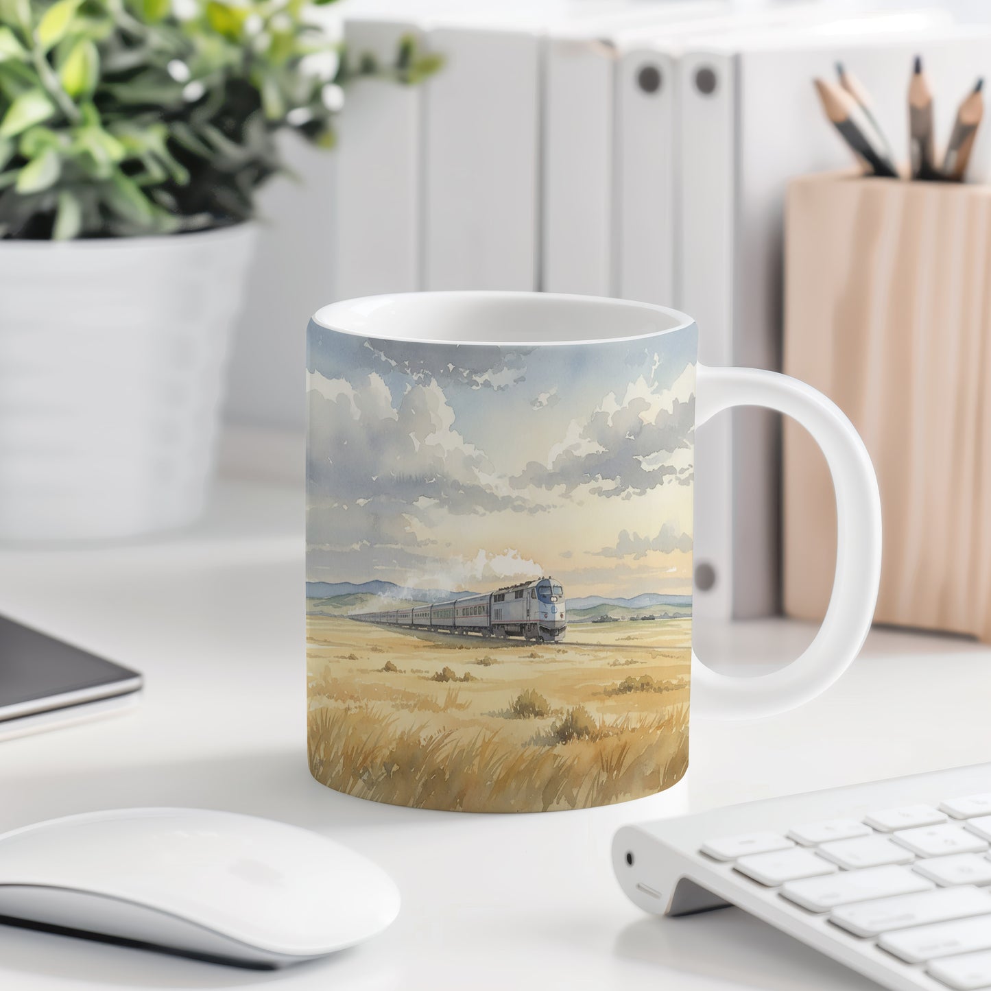 Hrnek s lokomotivou na poli