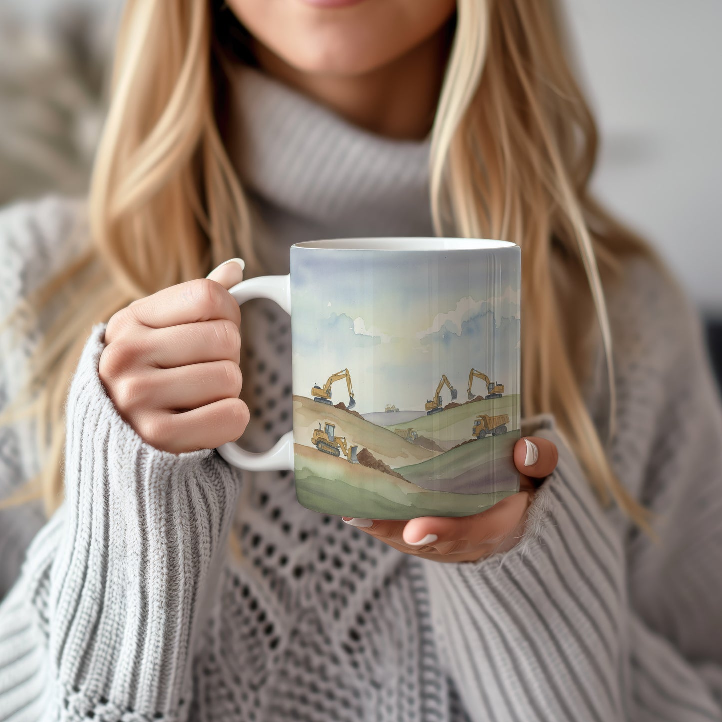 Hrnek se stroji na zvlněné krajině