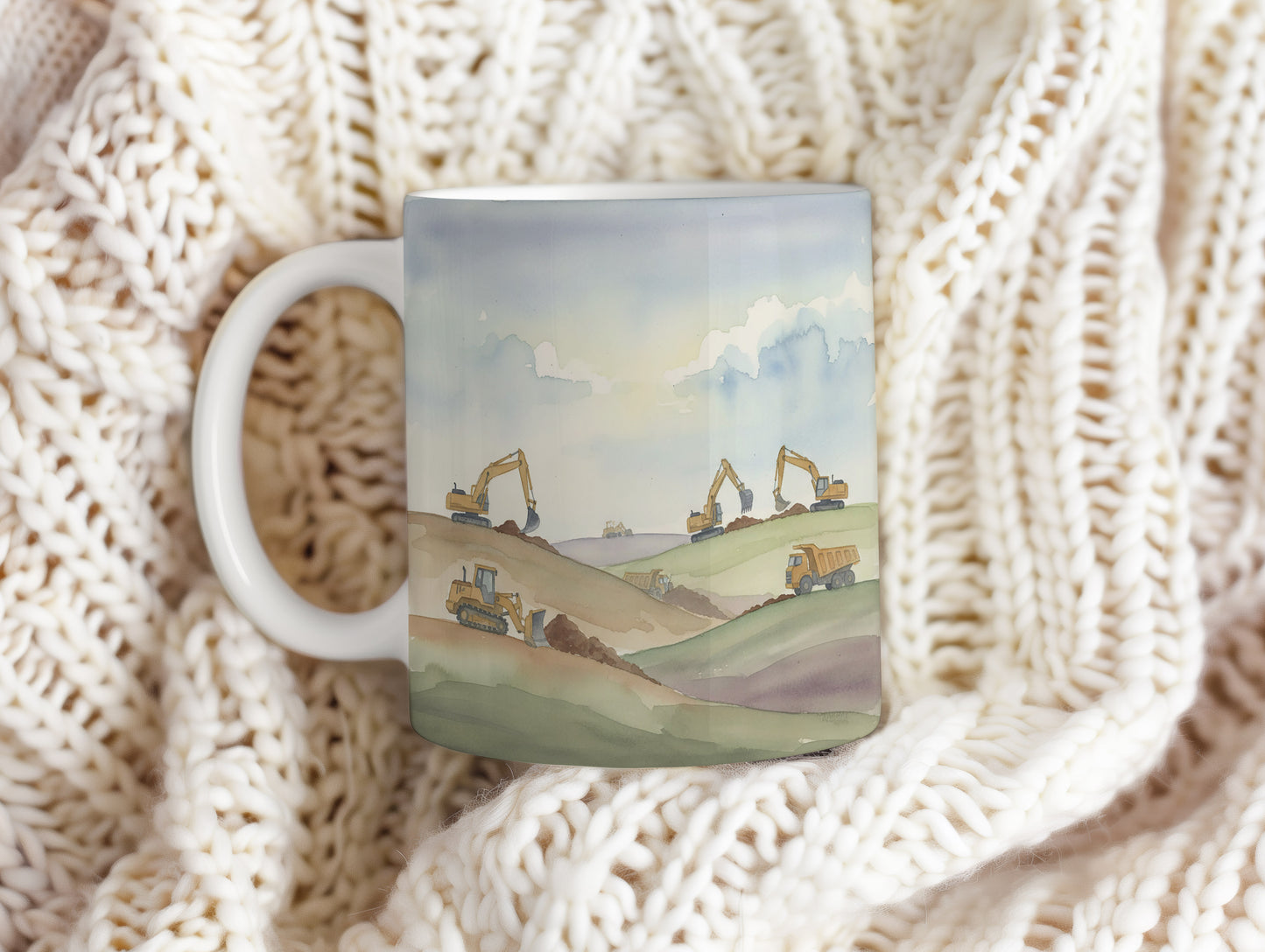 Hrnek se stroji na zvlněné krajině