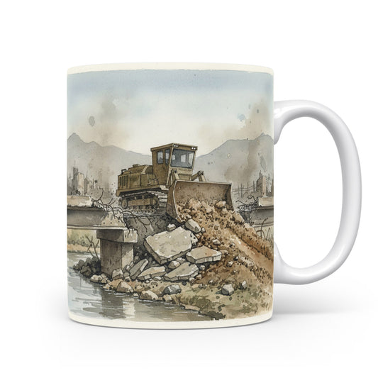 Hrnek s buldozerem u rozvodněné řeky