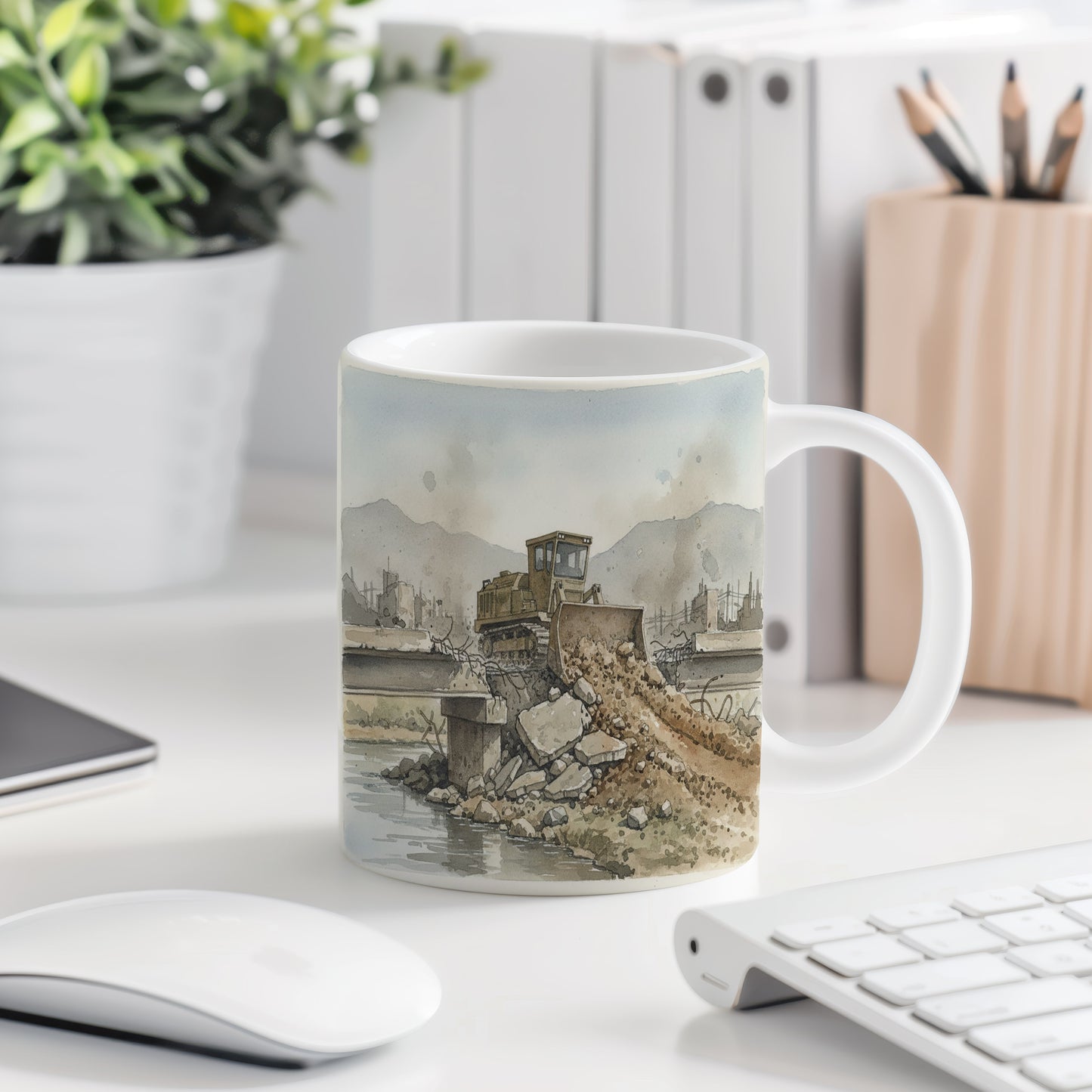 Hrnek s buldozerem u rozvodněné řeky