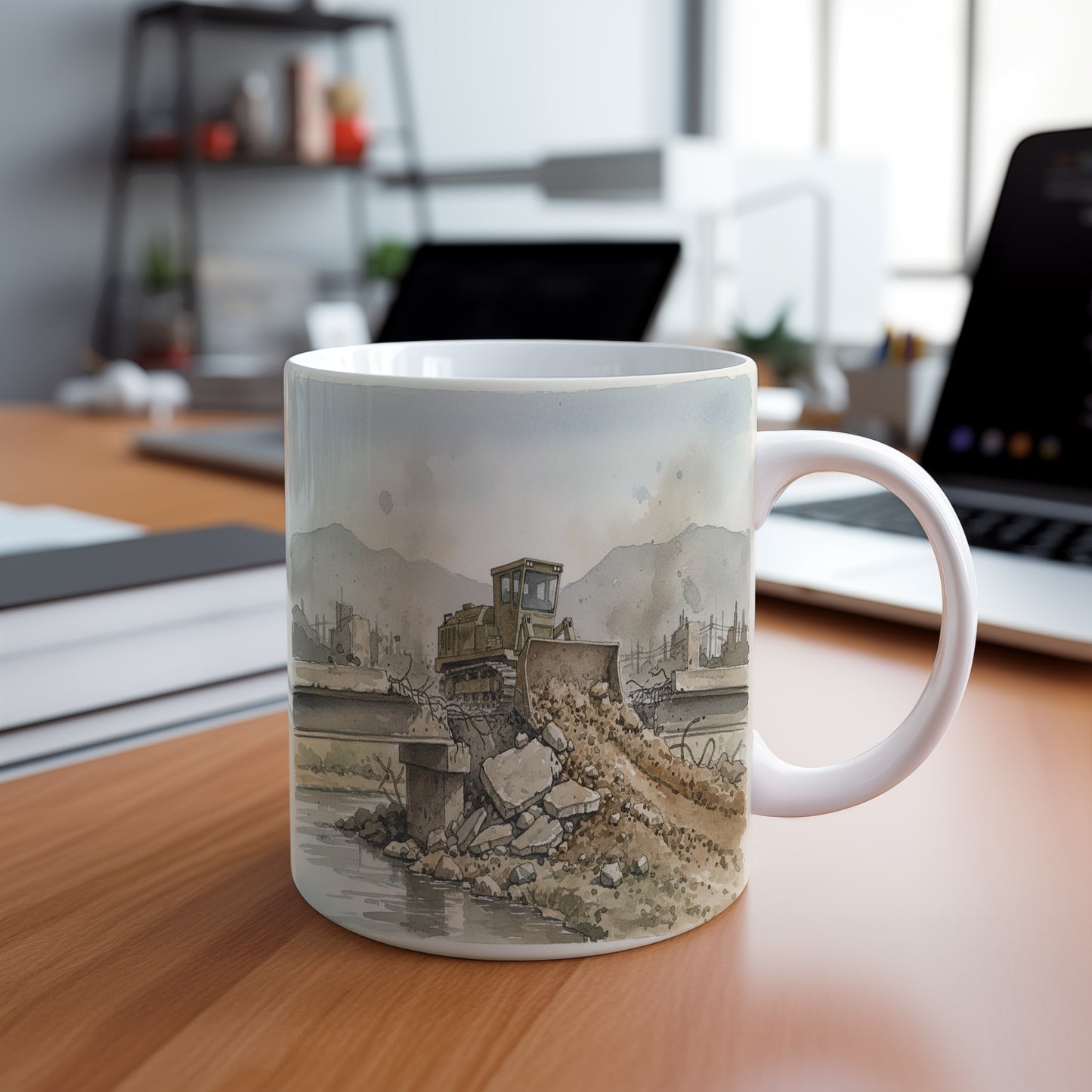 Hrnek s buldozerem u rozvodněné řeky