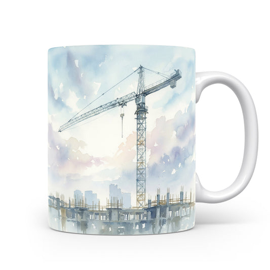 Jeřáb nad městskou siluetou na hrnku