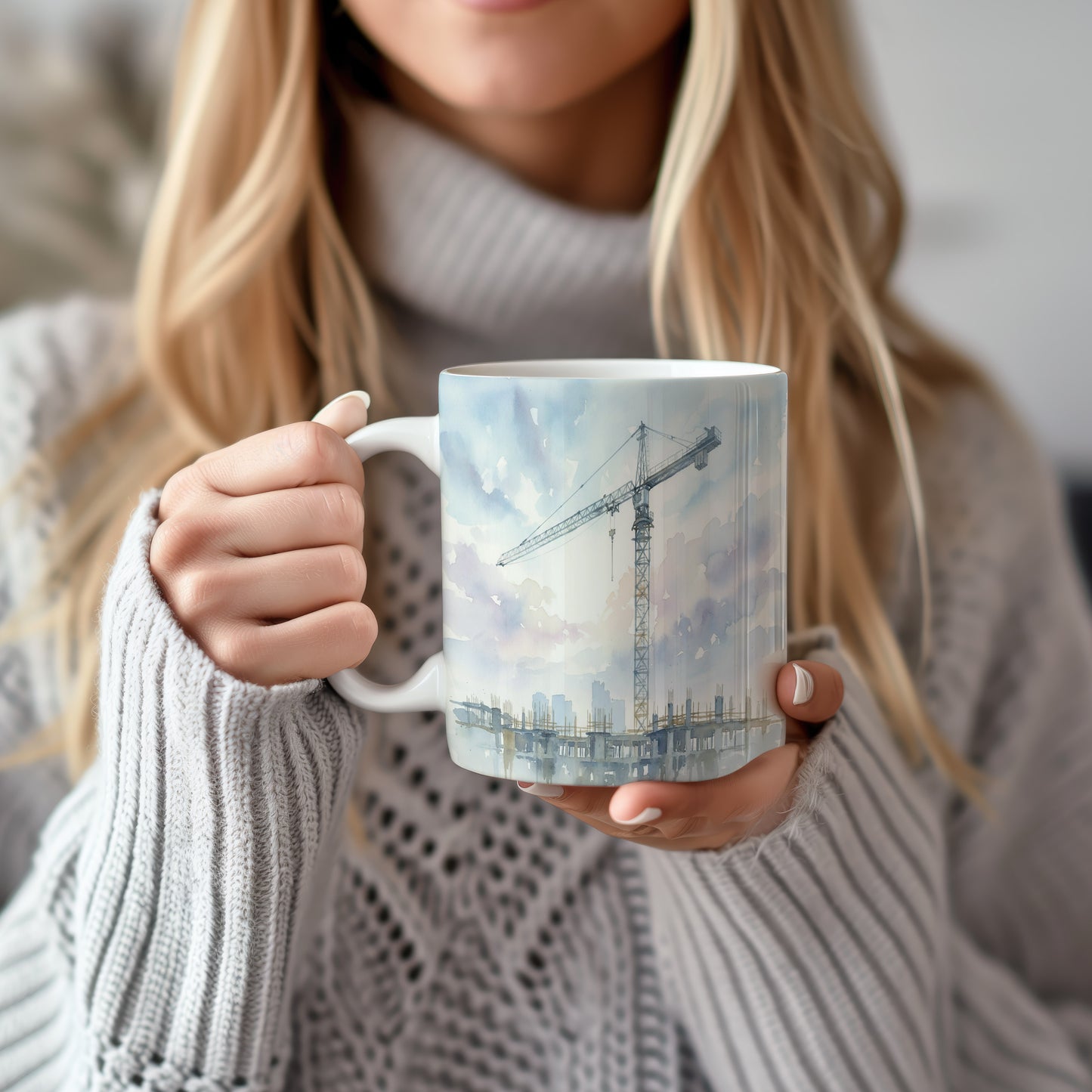 Hrnek s jeřábem nad městskou siluetou