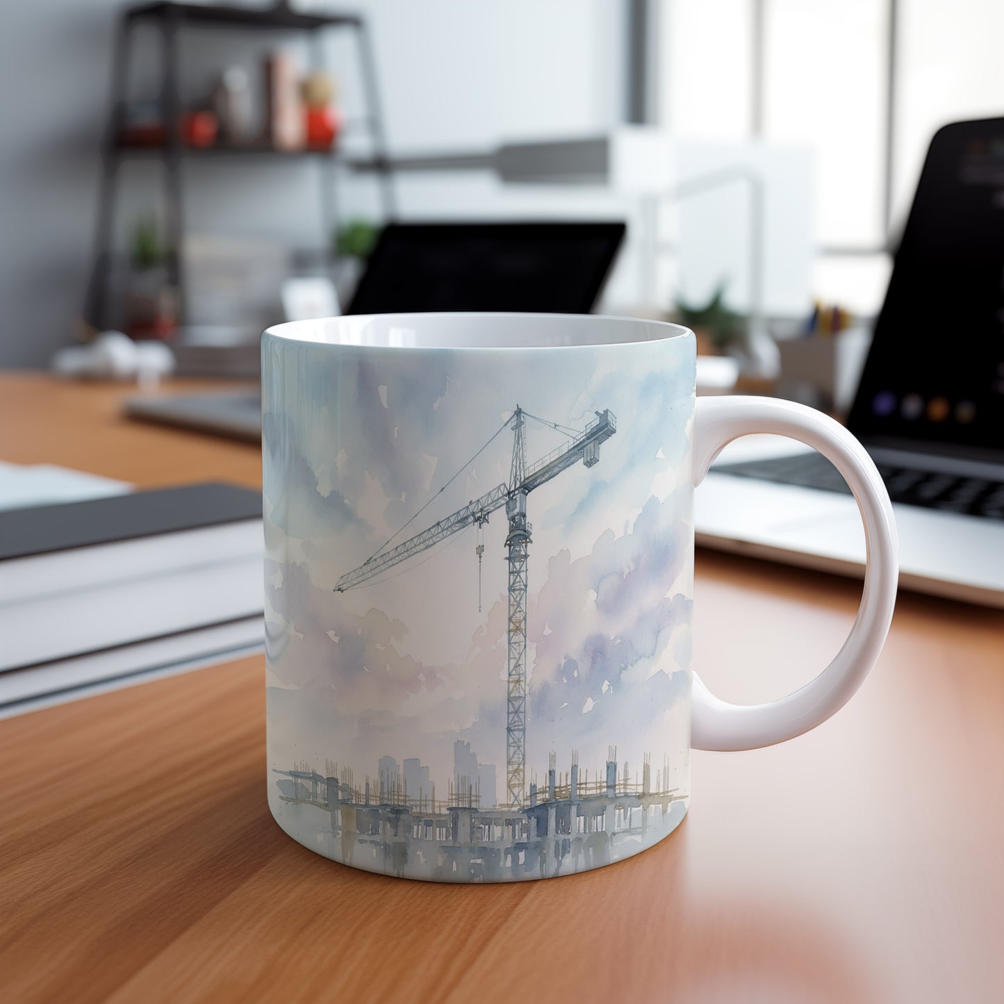 Hrnek s jeřábem nad městskou siluetou
