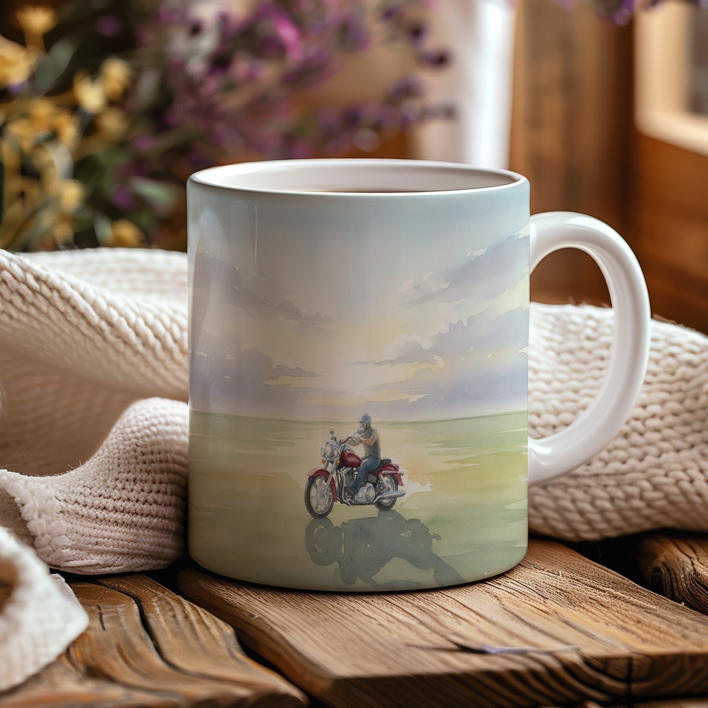 Hrnek s motorkou na horizontu