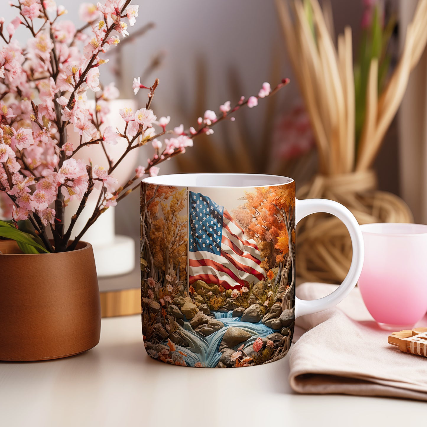 Hrnek s vlajkou USA v přírodním prostředí