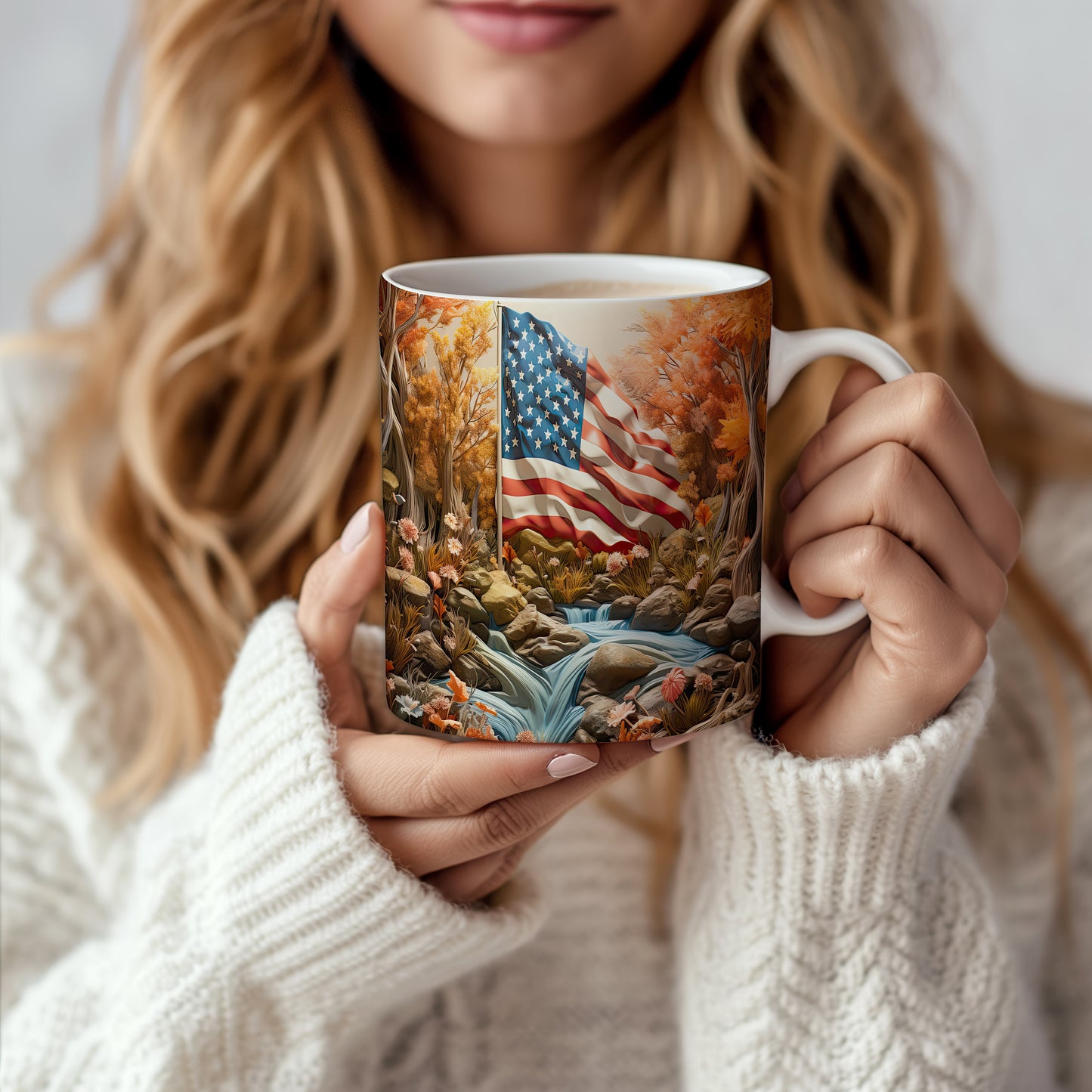 Hrnek s vlajkou USA v přírodním prostředí