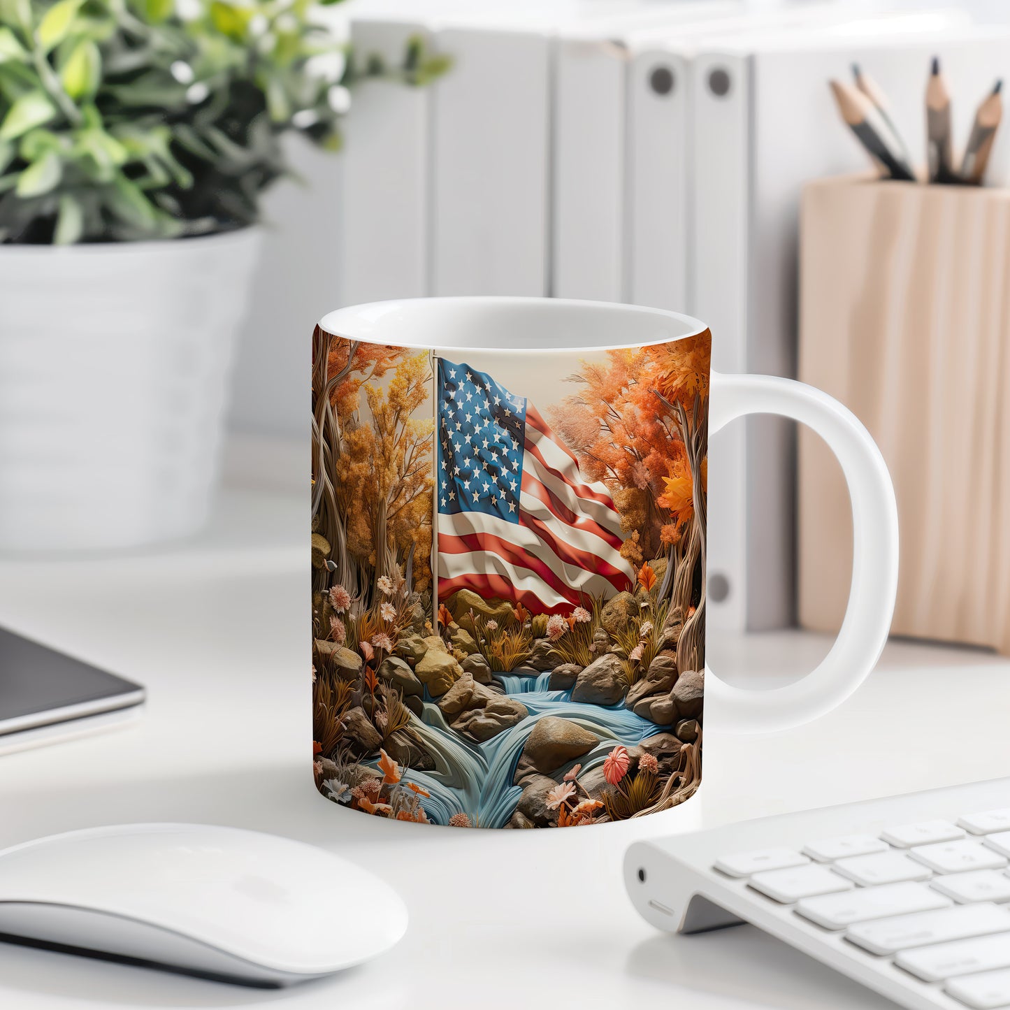 Hrnek s vlajkou USA v přírodním prostředí