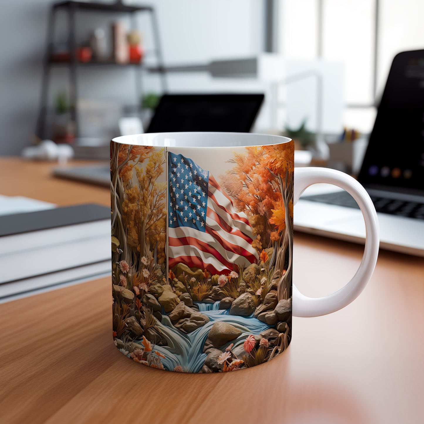 Hrnek s vlajkou USA v přírodním prostředí