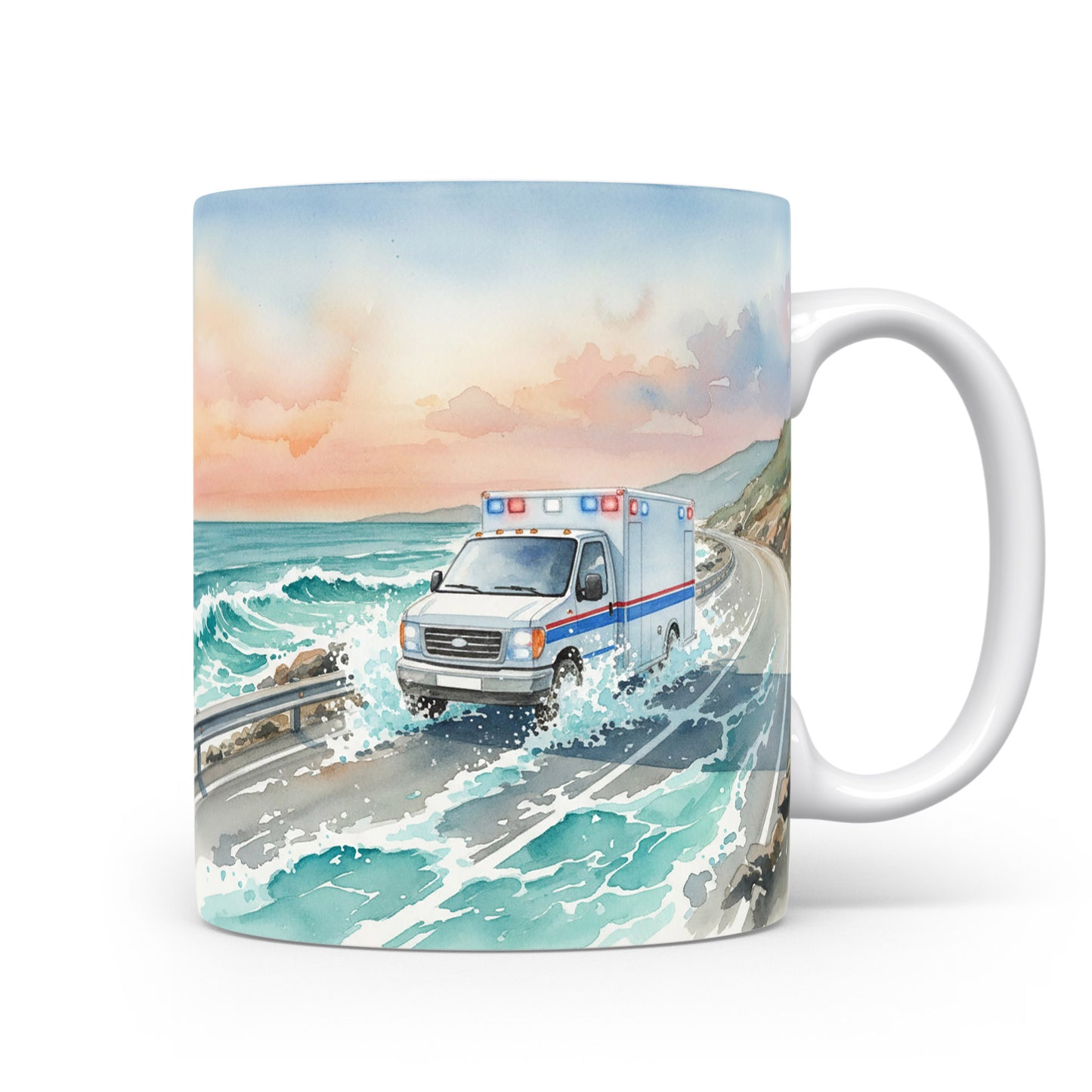 Hrnek se sanitkou na pobřežní cestě