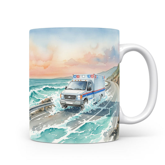 Hrnek se sanitkou na pobřežní cestě