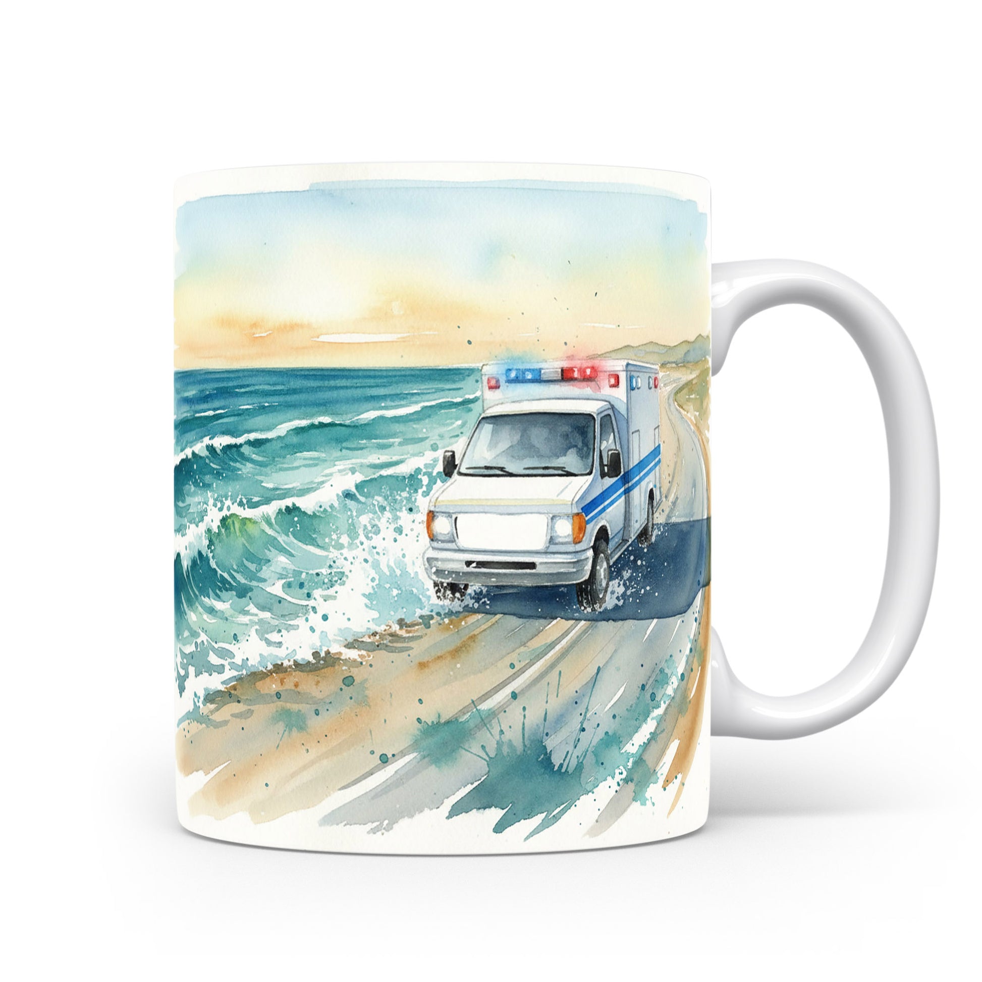 Akvarelový hrnek s ambulancí na pobřeží