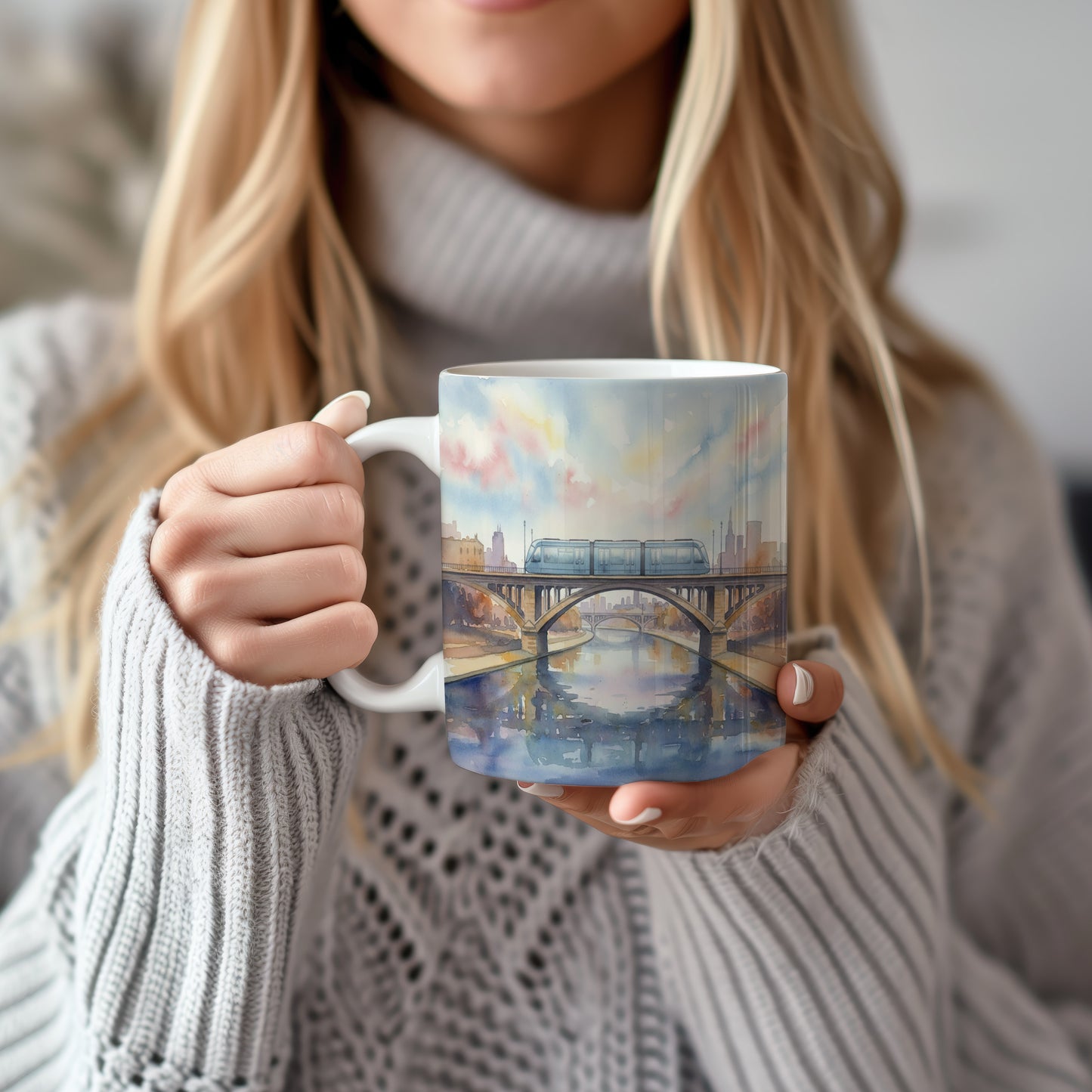 Hrnek s metrem na mostě