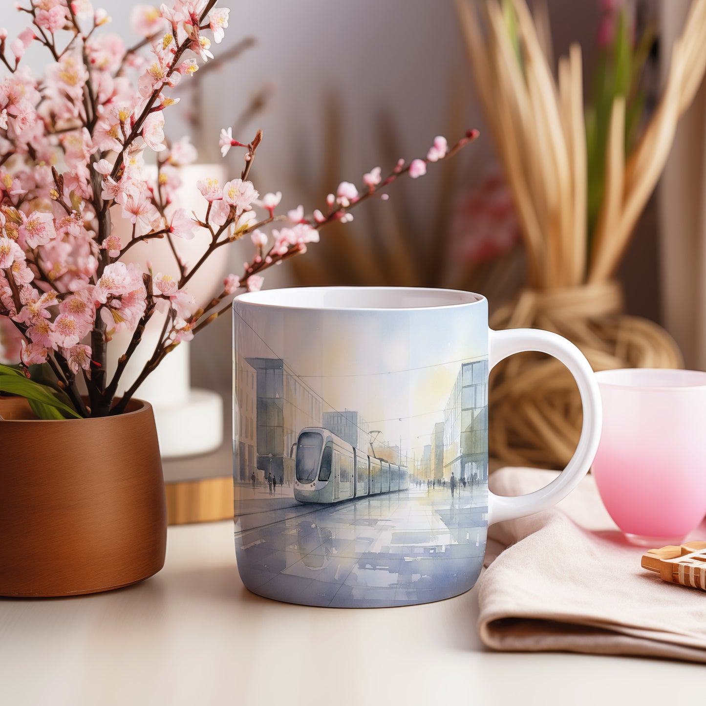 Hrnek s tramvají v ranní mlze