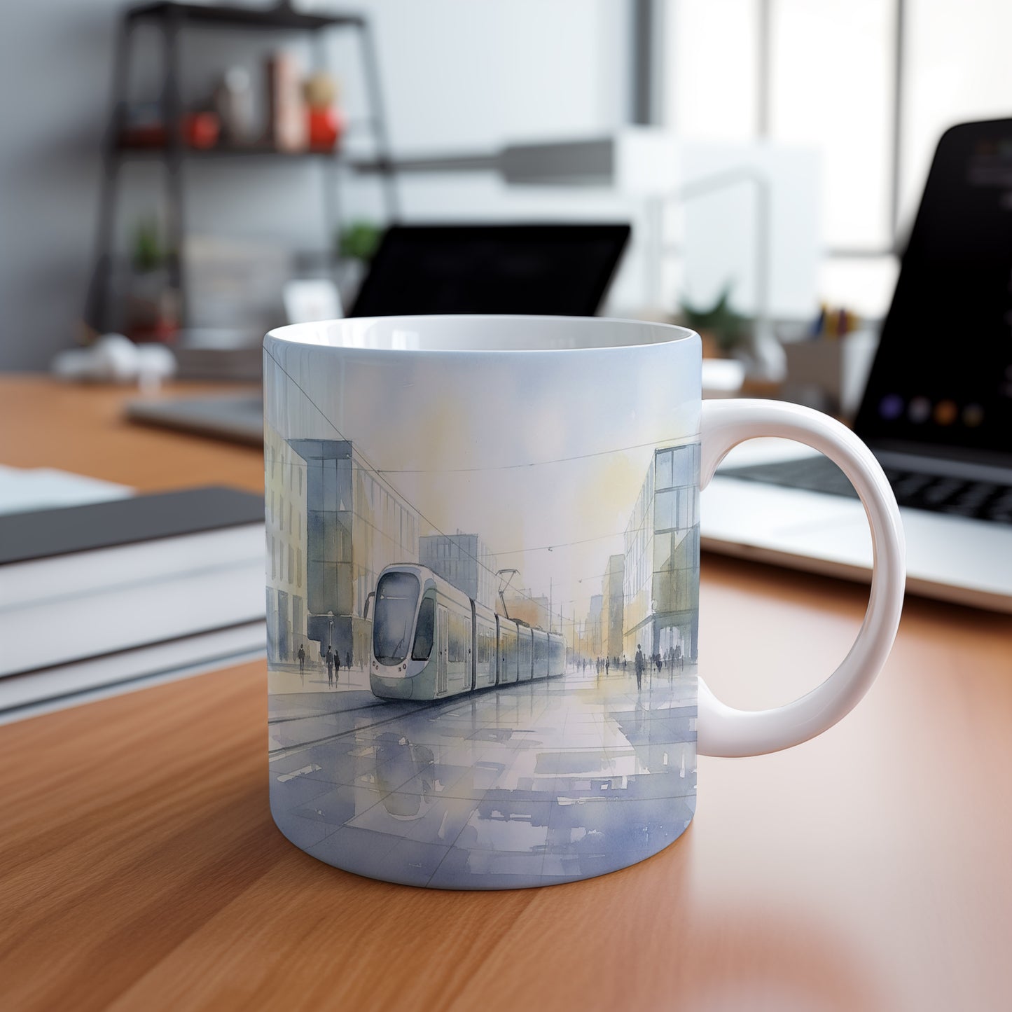 Hrnek s tramvají v ranní mlze