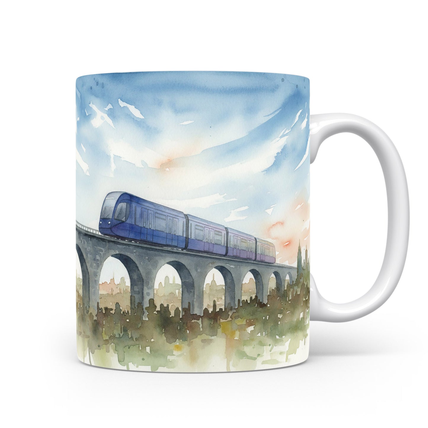 Vlak na viaduktu v akvarelu