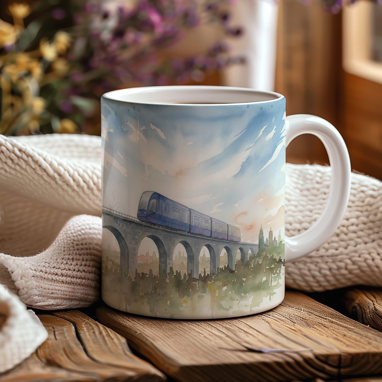 Hrnek s vlakem na viaduktu