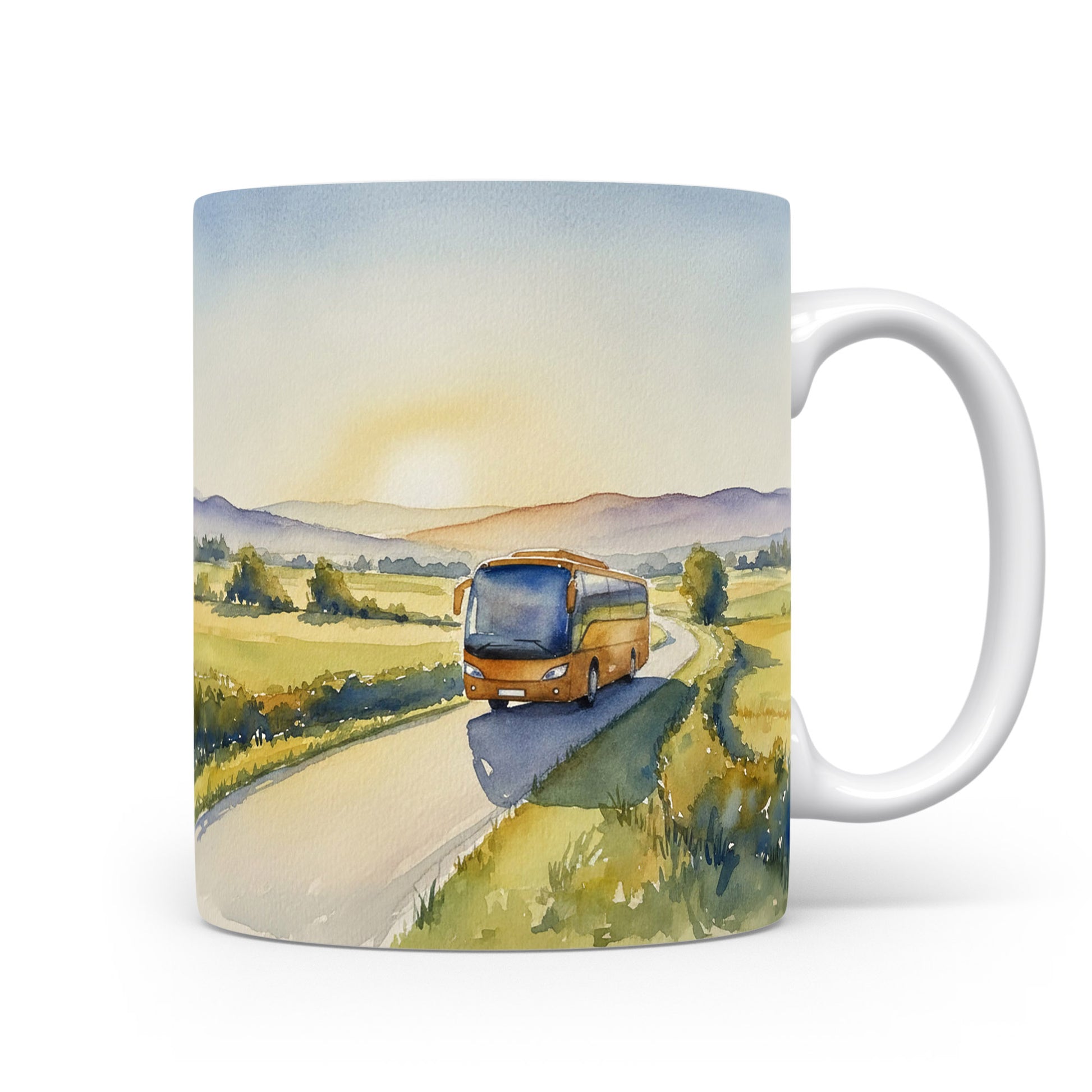 Akvarel autobusu na venkovské silnici