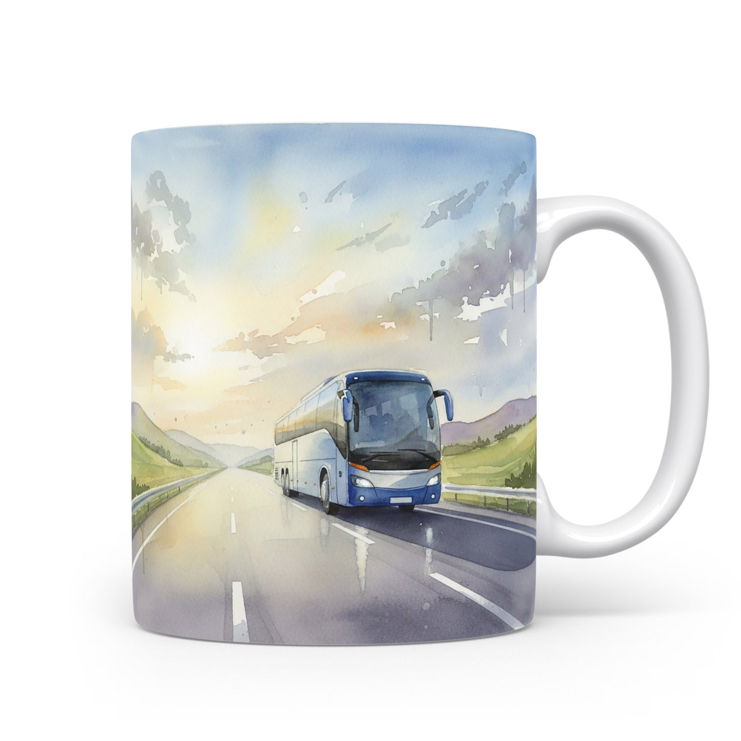 Akvarelový motiv autobusu v ranním svítání