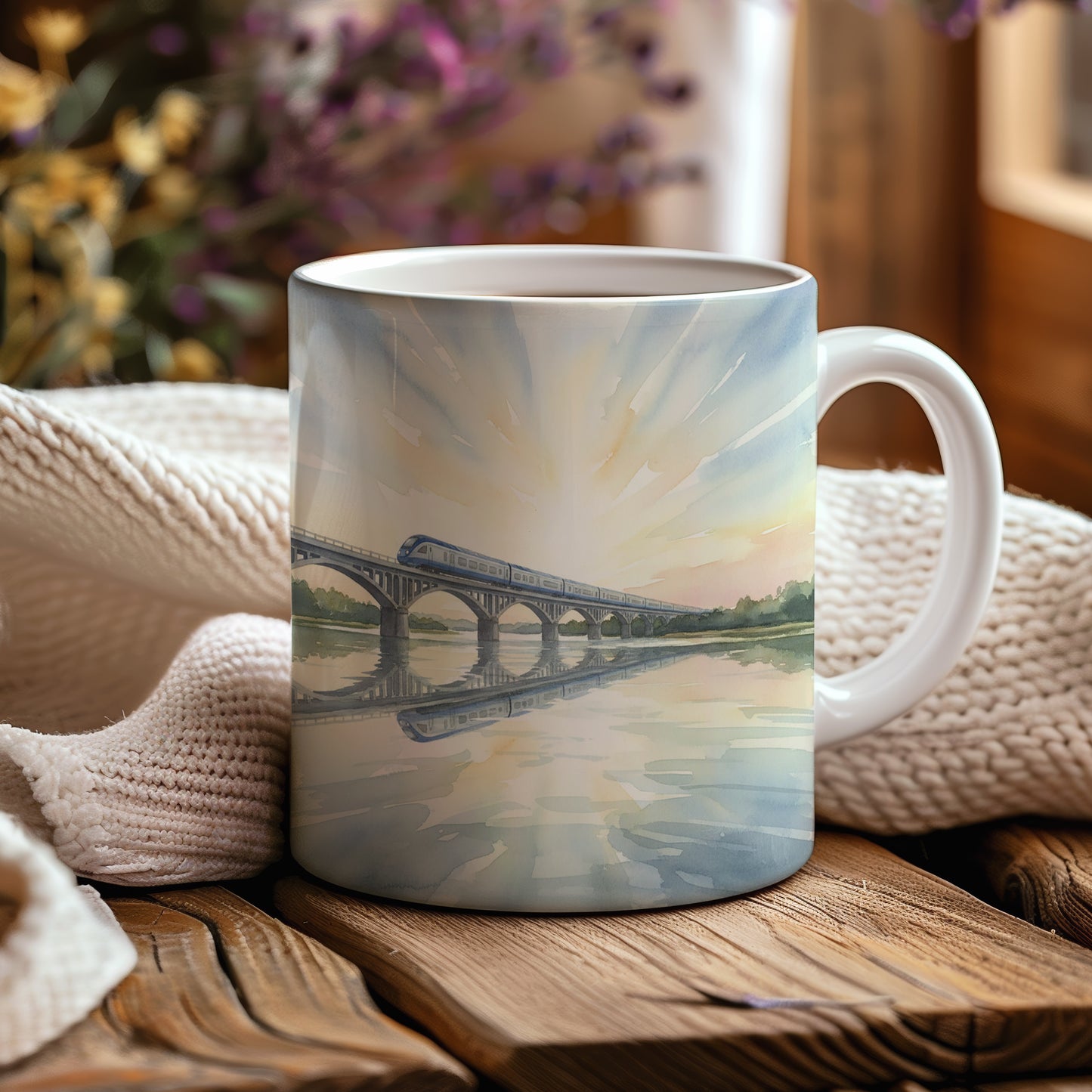 Hrnek s rychlovlakem nad řekou