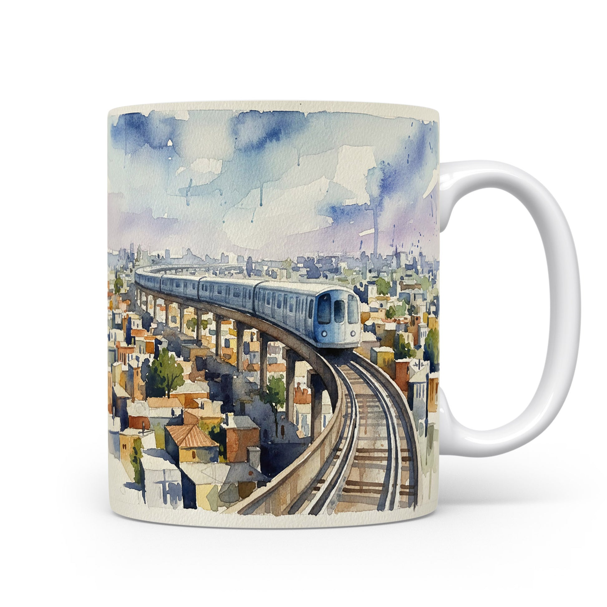 Akvarelový hrnek s metrem nad městem