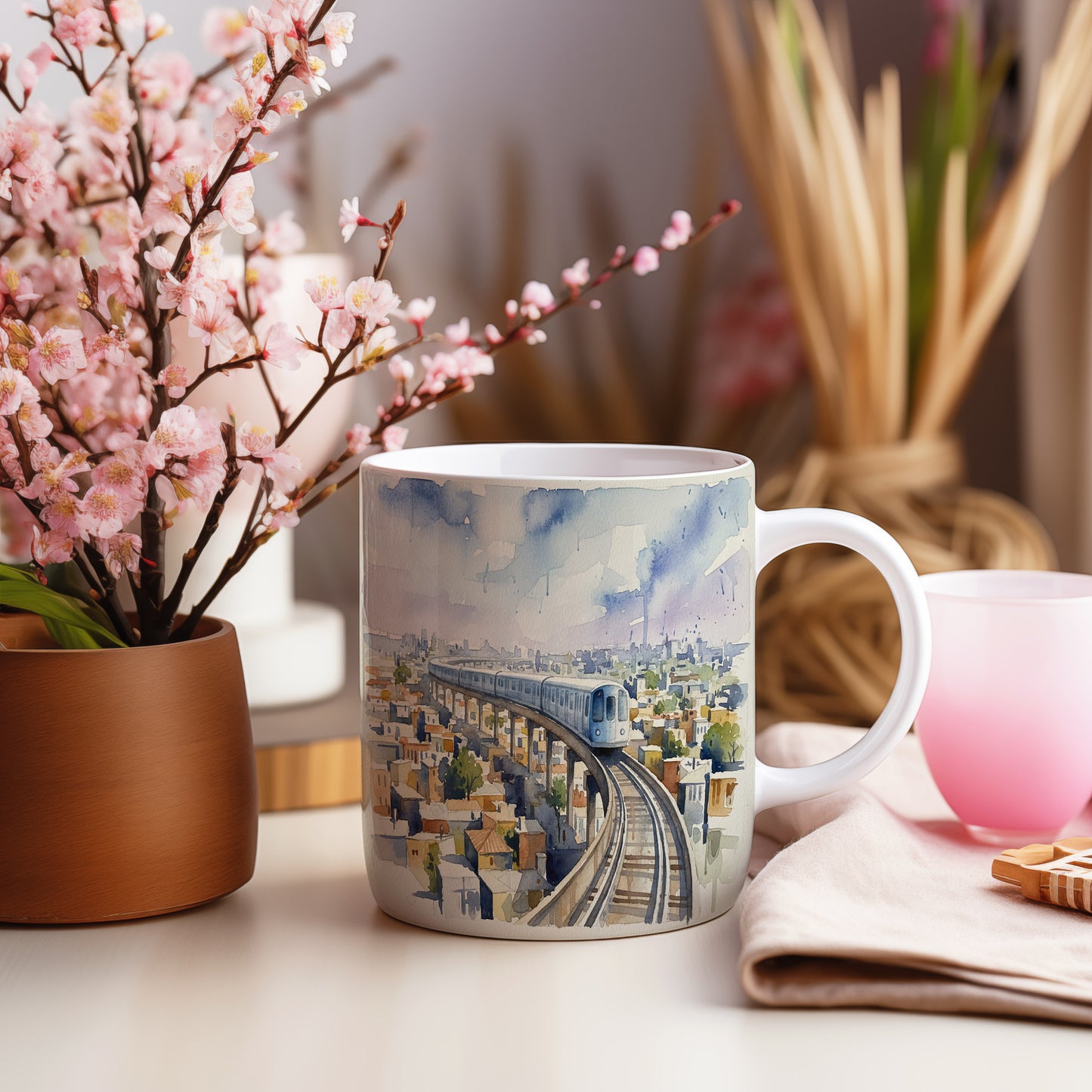 Hrnek s metrem nad městskou krajinou