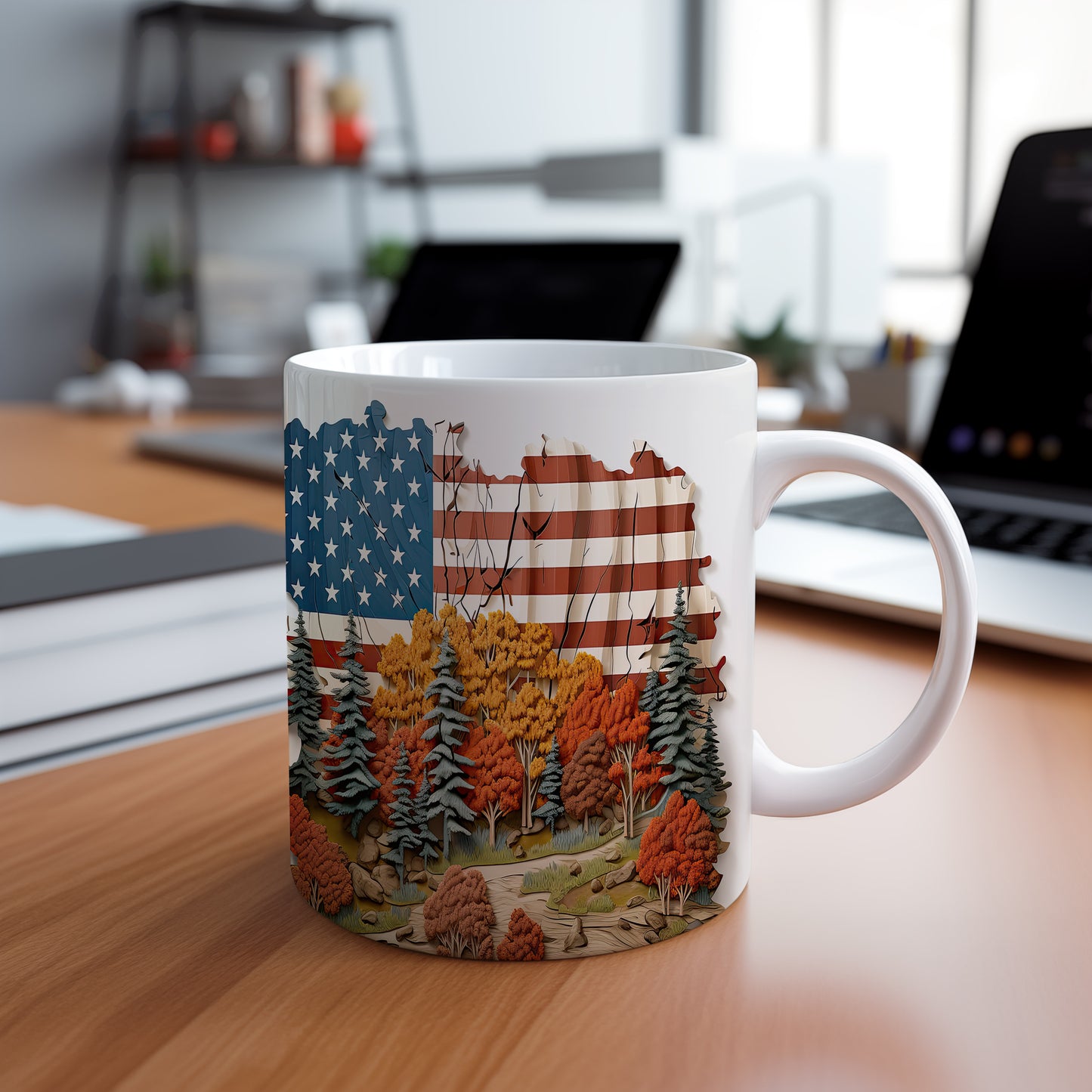 Hrnek s motivem krajiny a americkou vlajkou