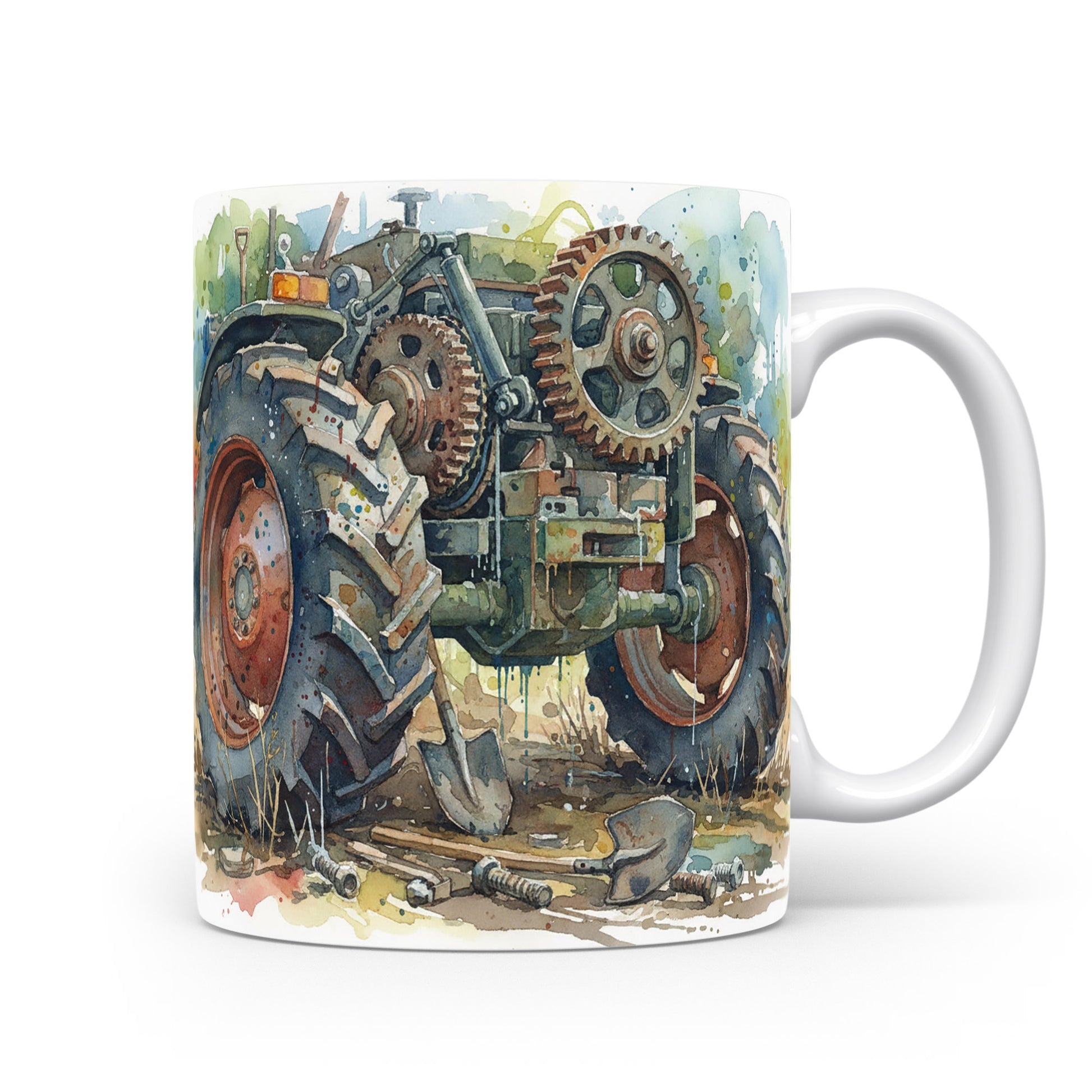 Hrnek s akvarelovým traktorem a nářadím